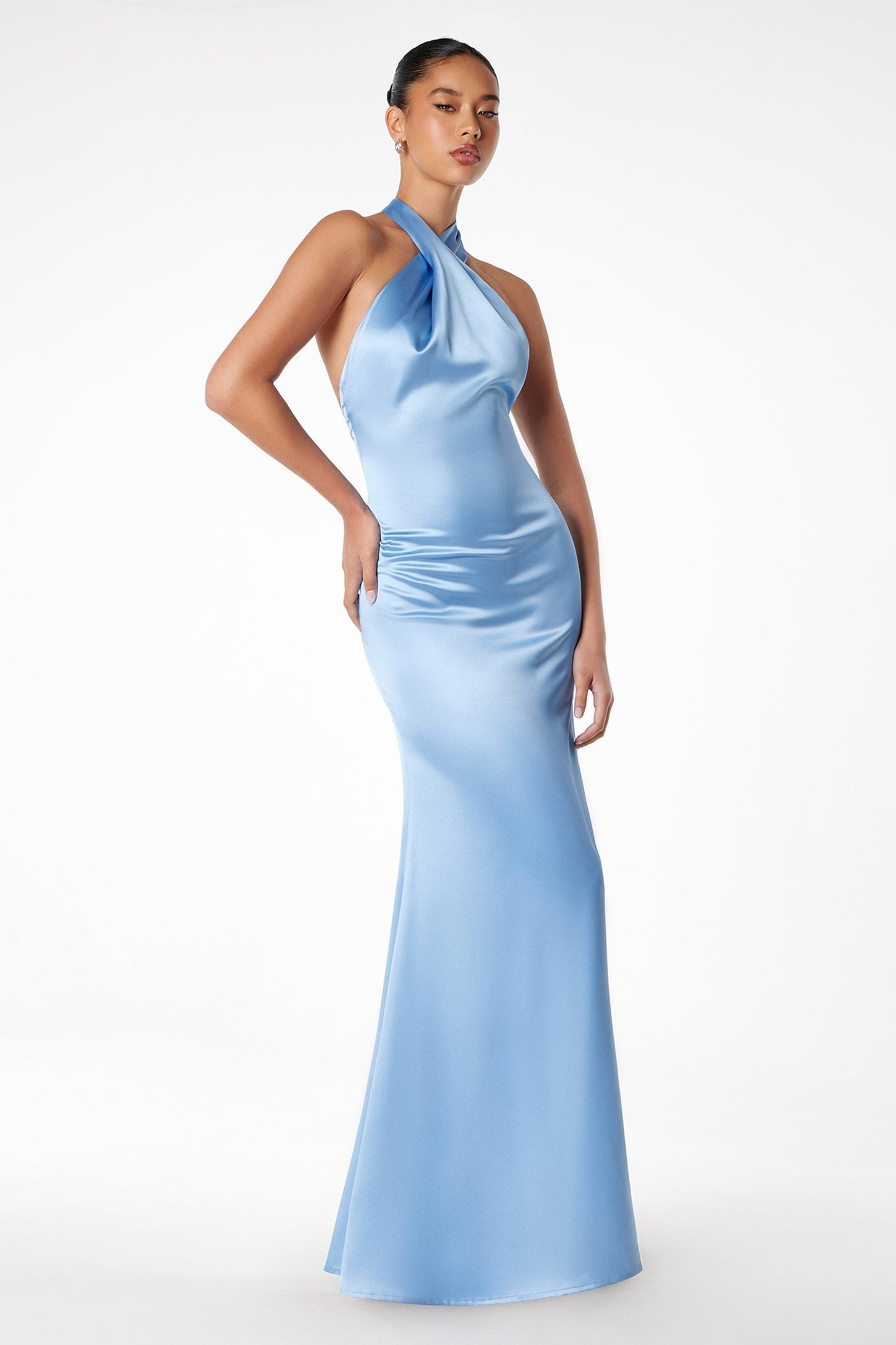 Astee Fitted Sleek Twisted Halter Top Satin Mermaid Gown