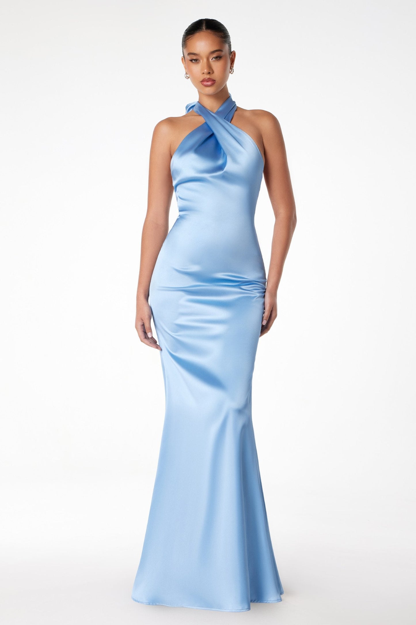 Astee Fitted Sleek Twisted Halter Top Satin Mermaid Gown
