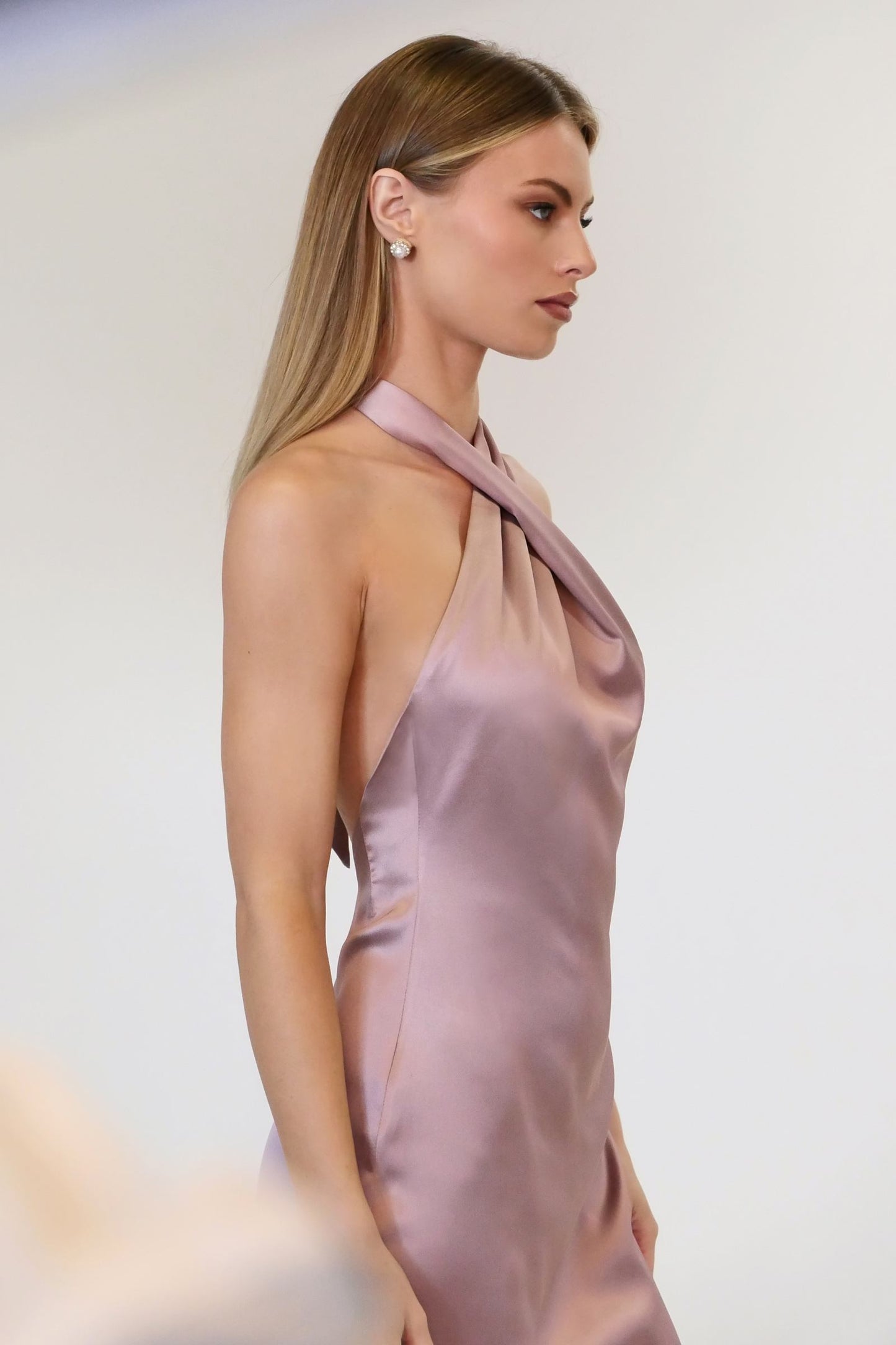 Astee Fitted Sleek Twisted Halter Top Satin Mermaid Gown