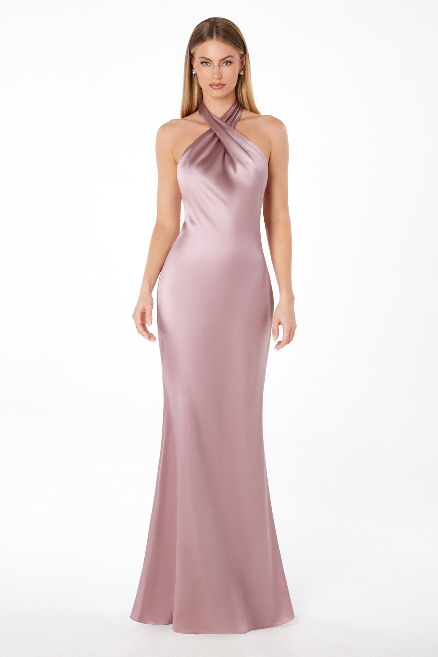 Astee Fitted Sleek Twisted Halter Top Satin Mermaid Gown