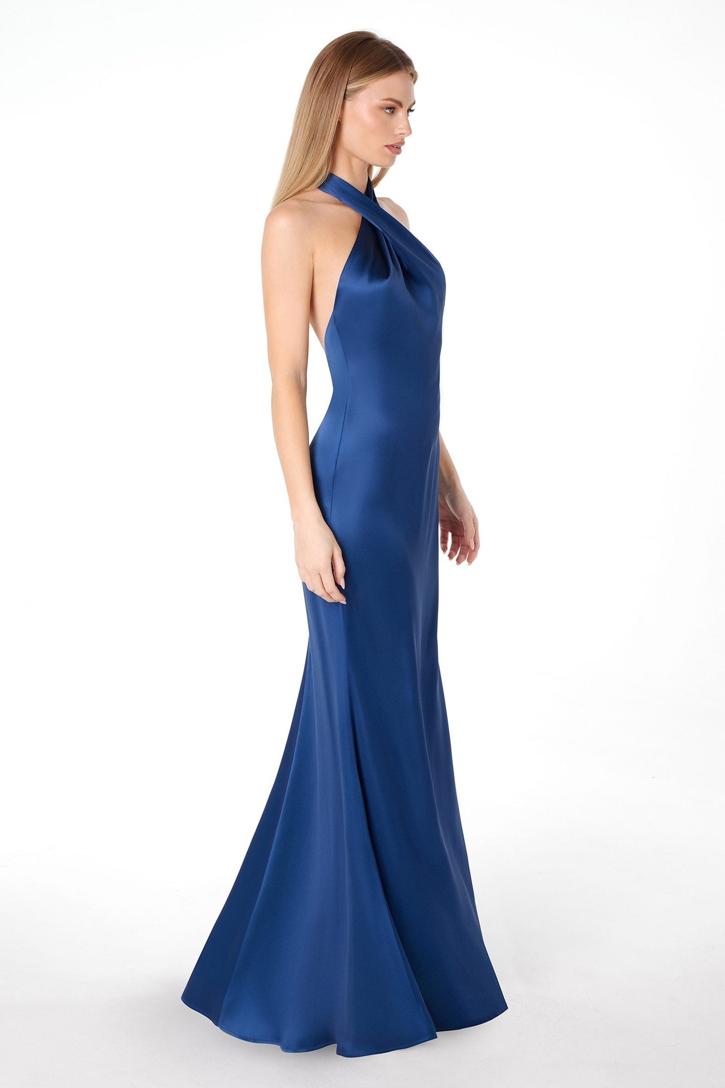 Astee Fitted Sleek Twisted Halter Top Satin Mermaid Gown