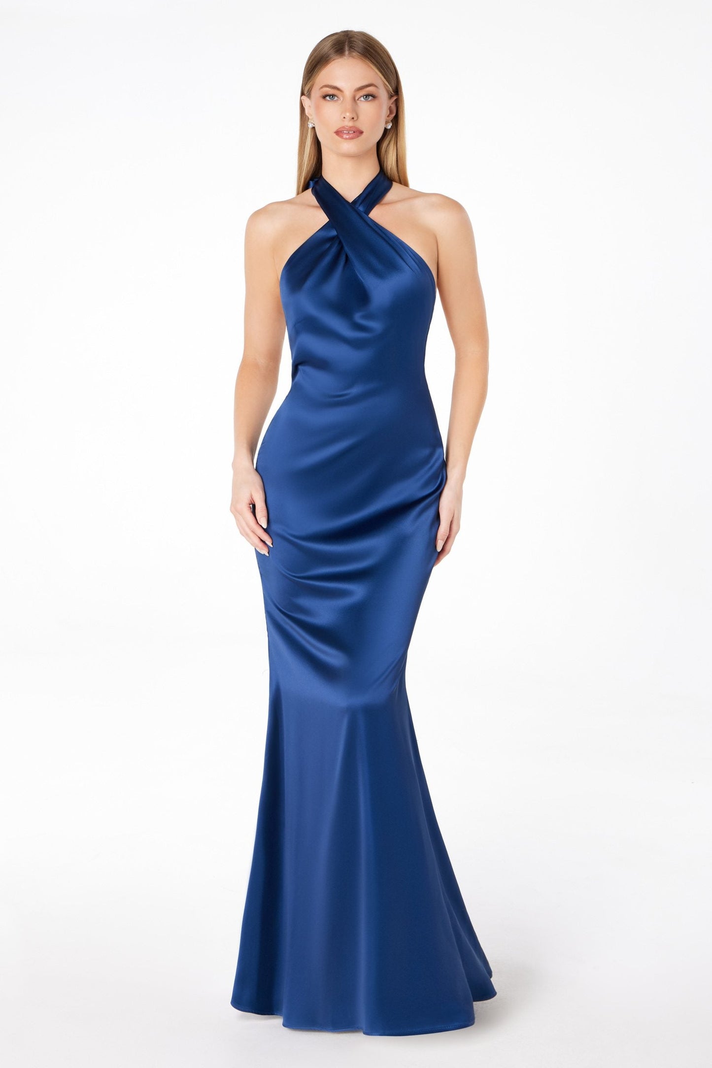 Astee Fitted Sleek Twisted Halter Top Satin Mermaid Gown
