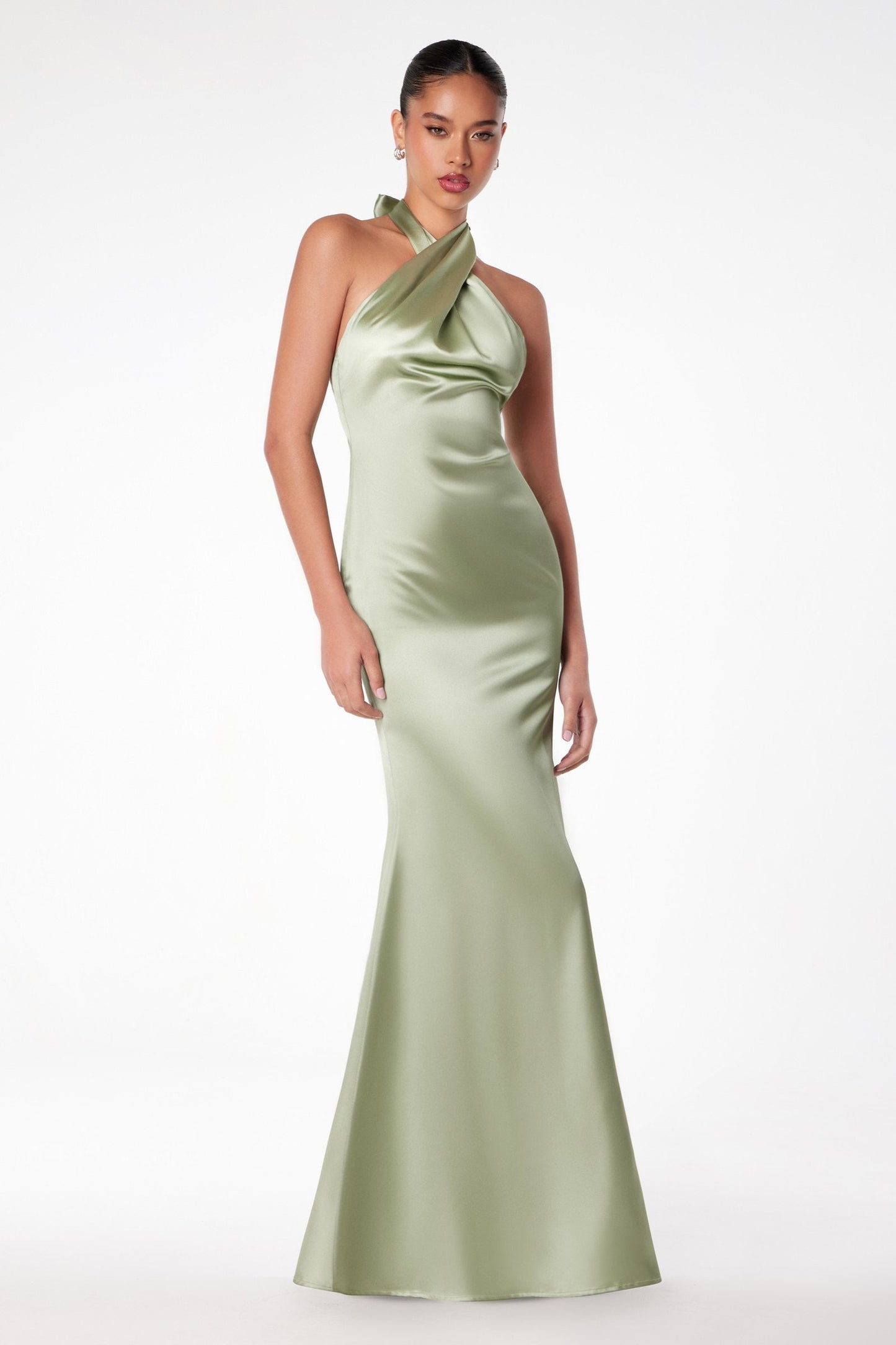 Astee Fitted Sleek Twisted Halter Top Satin Mermaid Gown