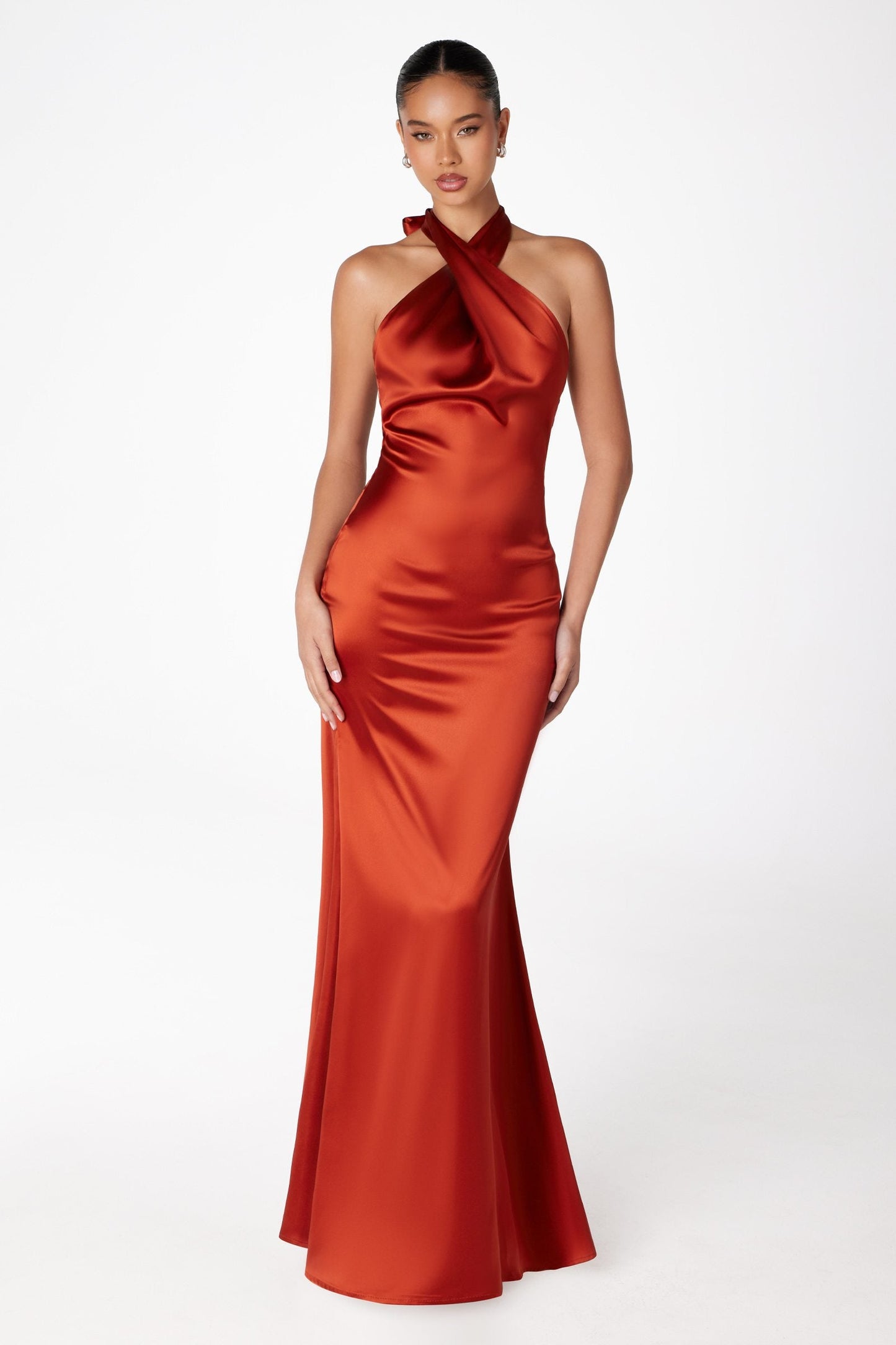 Astee Fitted Sleek Twisted Halter Top Satin Mermaid Gown