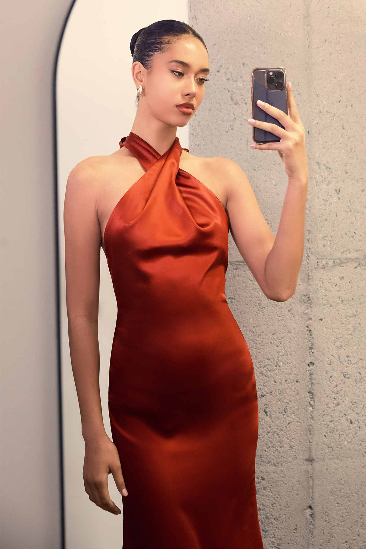 Astee Fitted Sleek Twisted Halter Top Satin Mermaid Gown