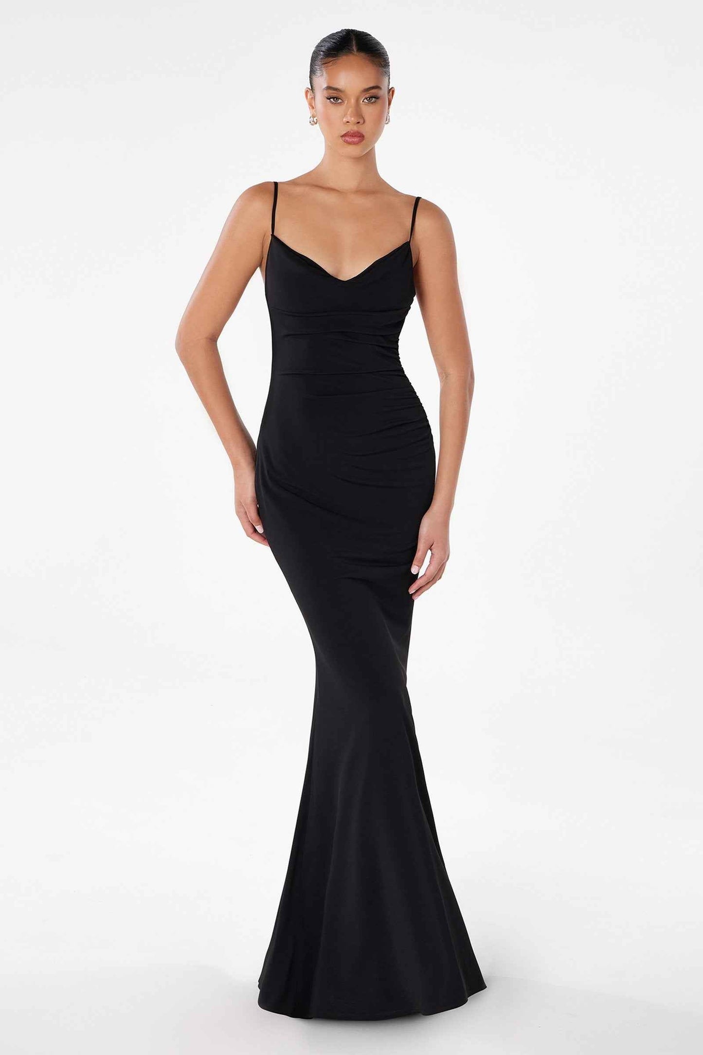 Astee Fitted Spaghetti Strap Open Back with Lace Detail Gown