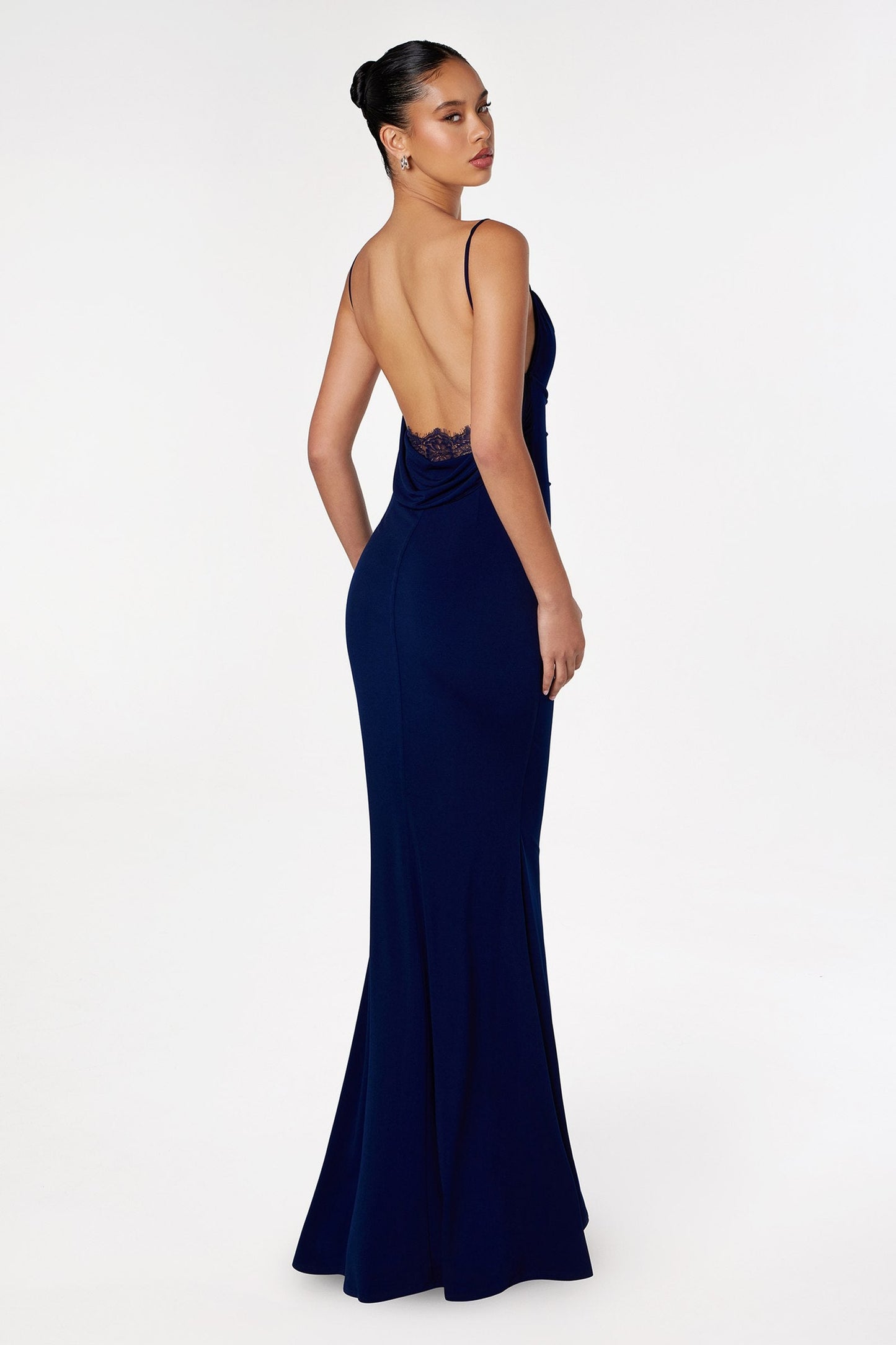 Astee Fitted Spaghetti Strap Open Back with Lace Detail Gown
