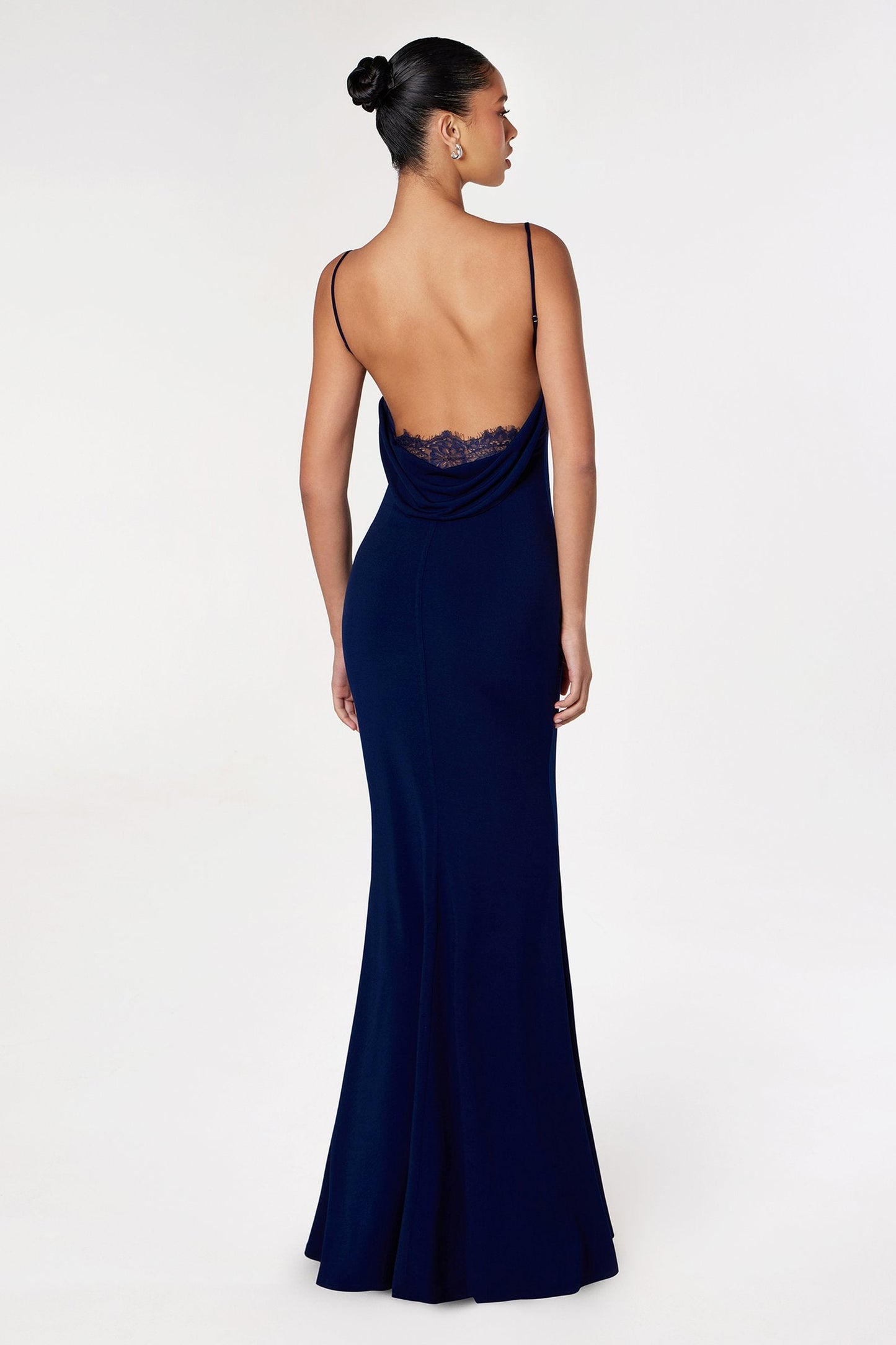 Astee Fitted Spaghetti Strap Open Back with Lace Detail Gown