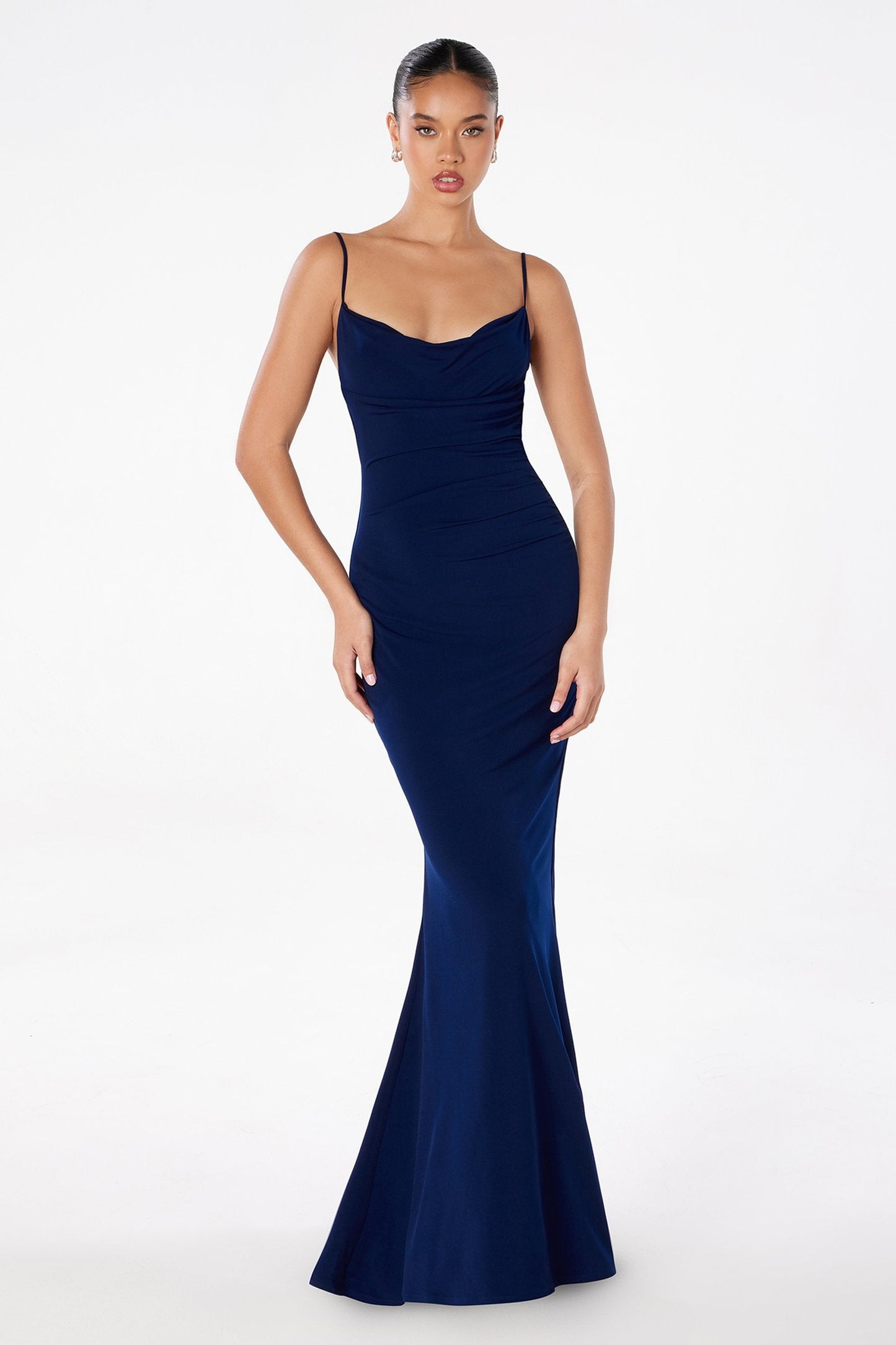Astee Fitted Spaghetti Strap Open Back with Lace Detail Gown
