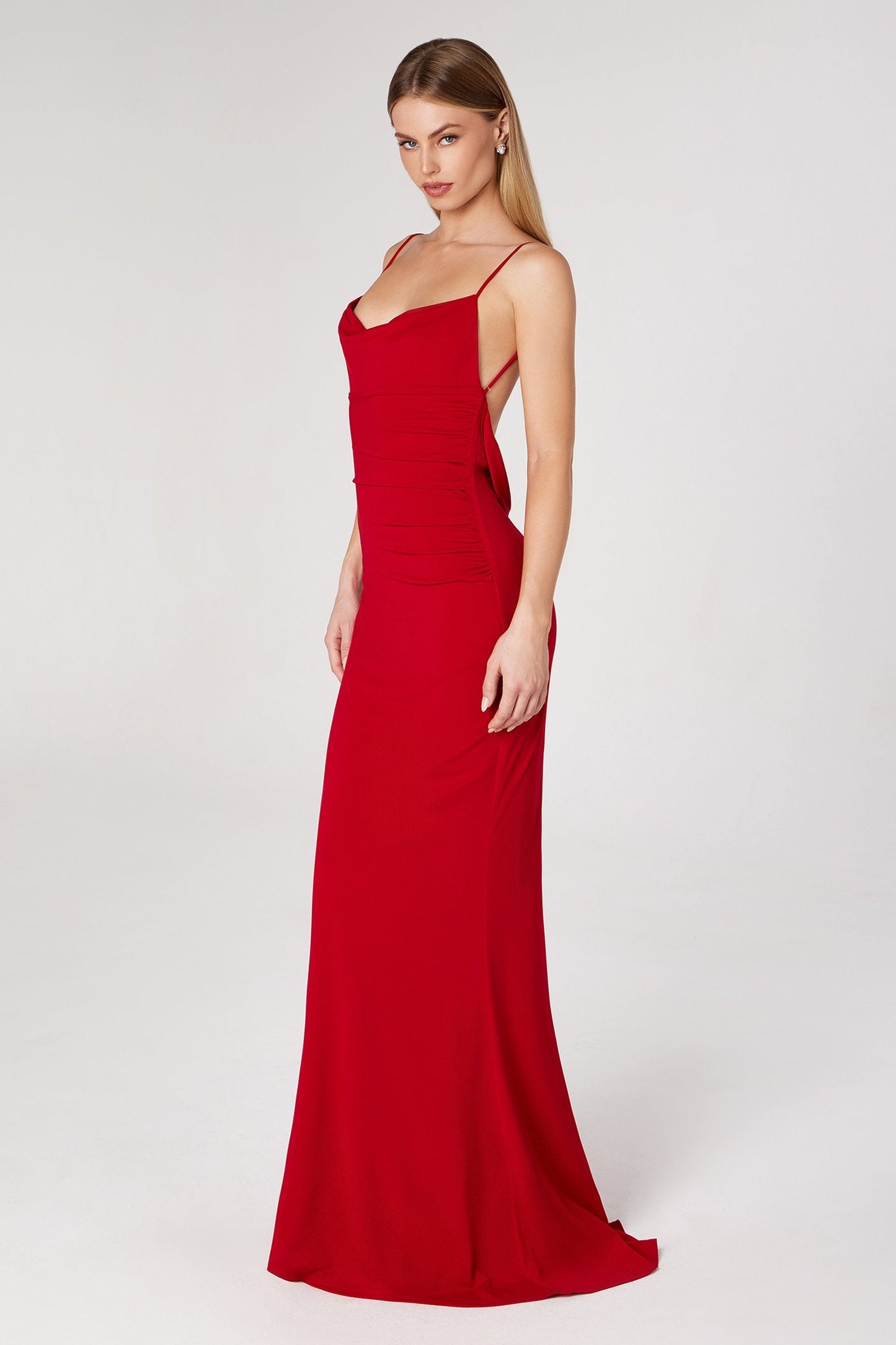 Astee Fitted Spaghetti Strap Open Back with Lace Detail Gown