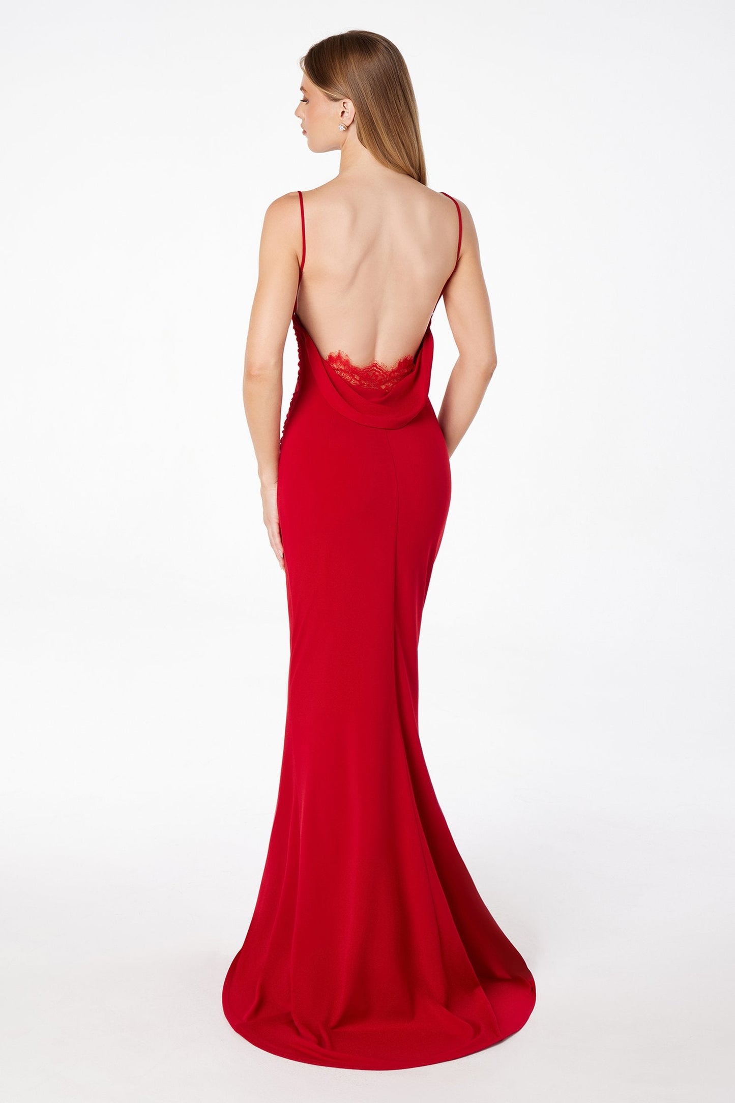 Astee Fitted Spaghetti Strap Open Back with Lace Detail Gown