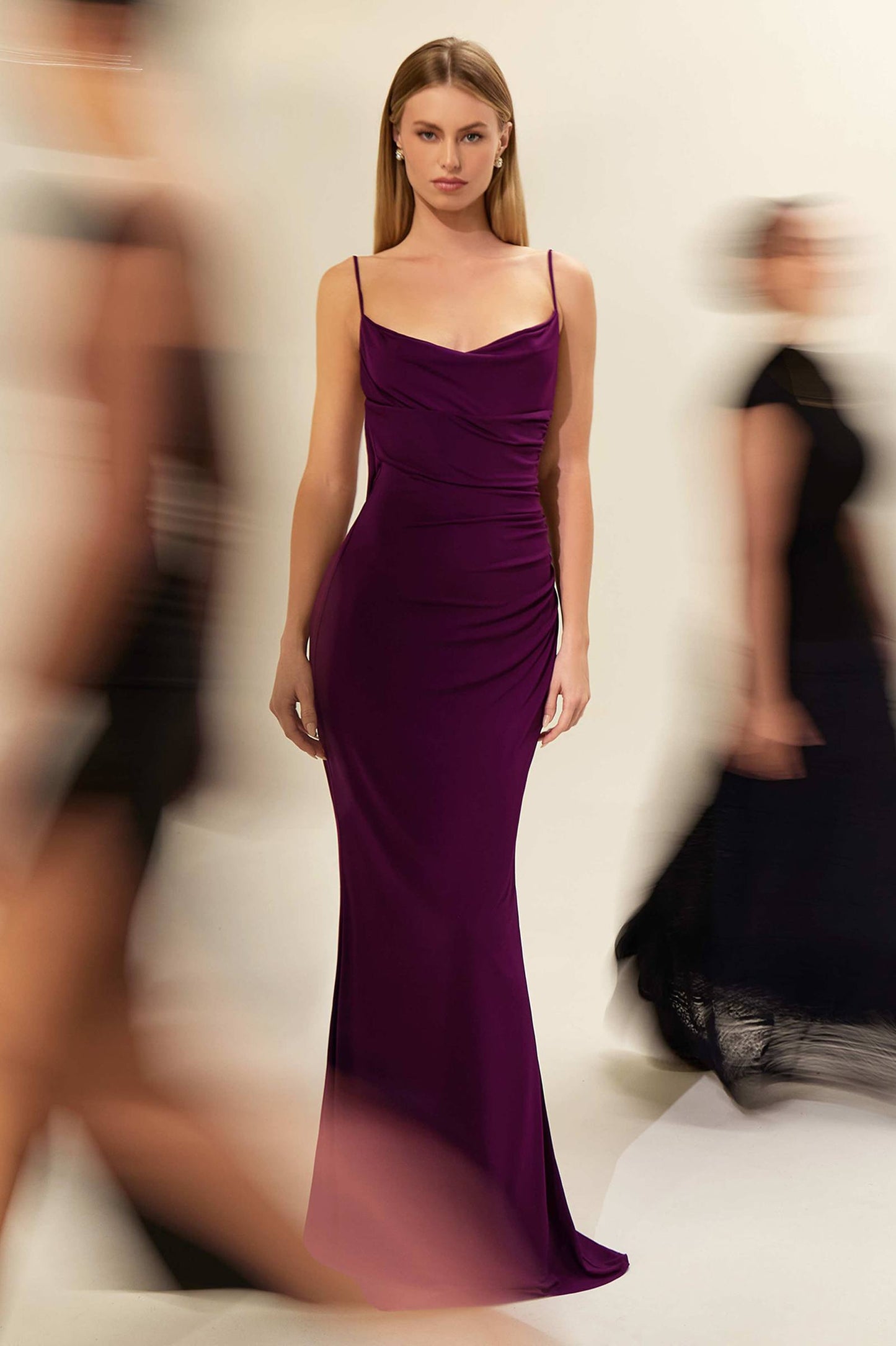 Astee Fitted Spaghetti Strap Open Back with Lace Detail Gown