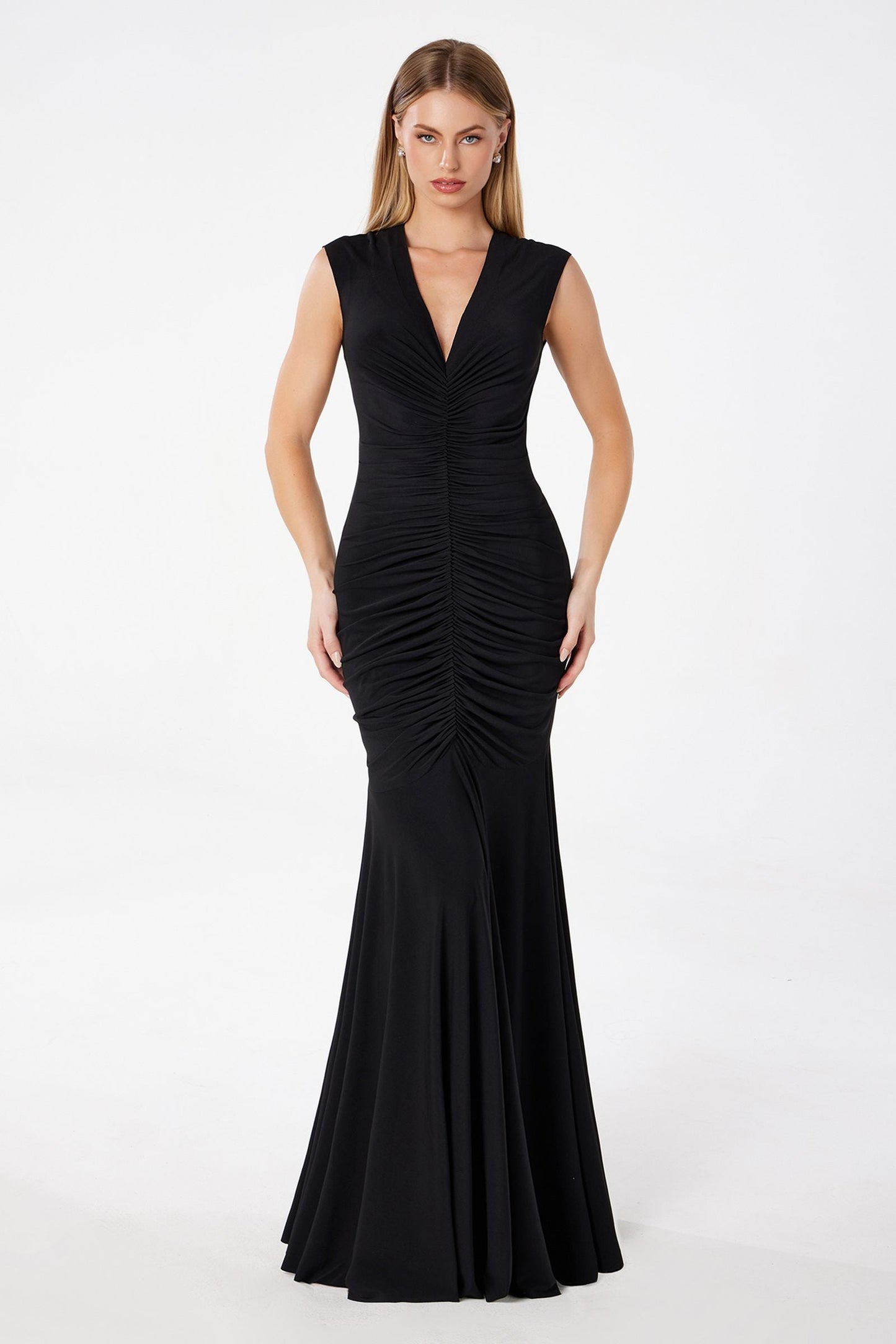 Astee Long V-Neckline Ruched Mermaid Gown