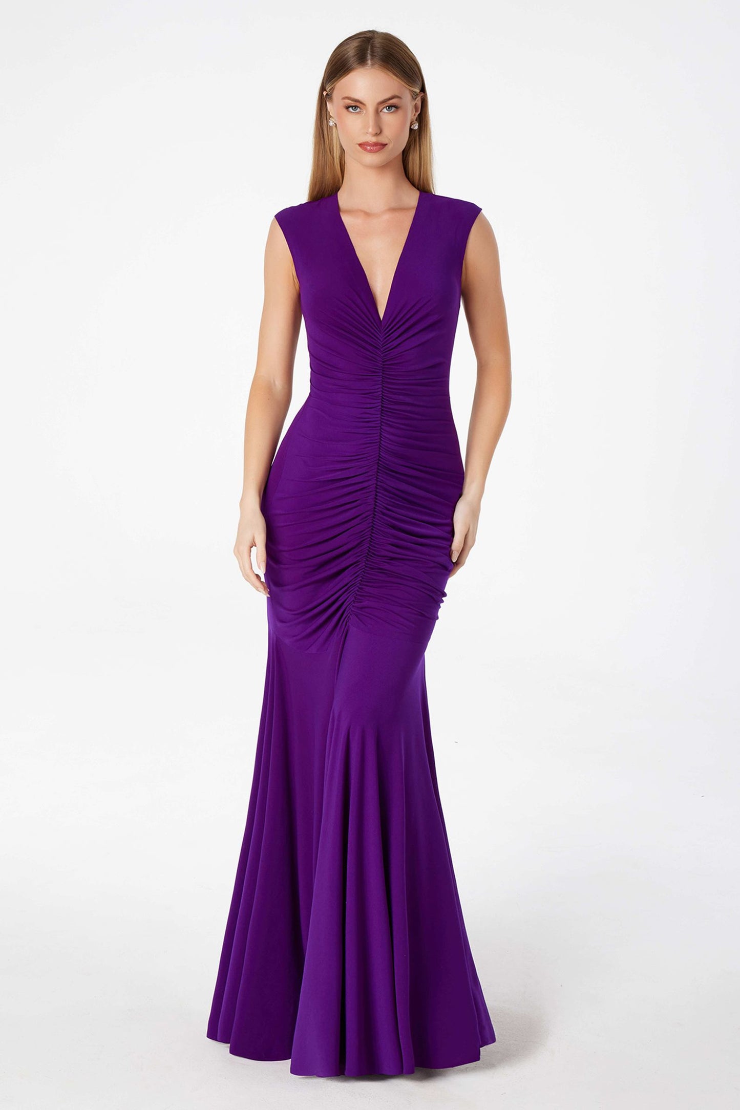 Astee Long V-Neckline Ruched Mermaid Gown