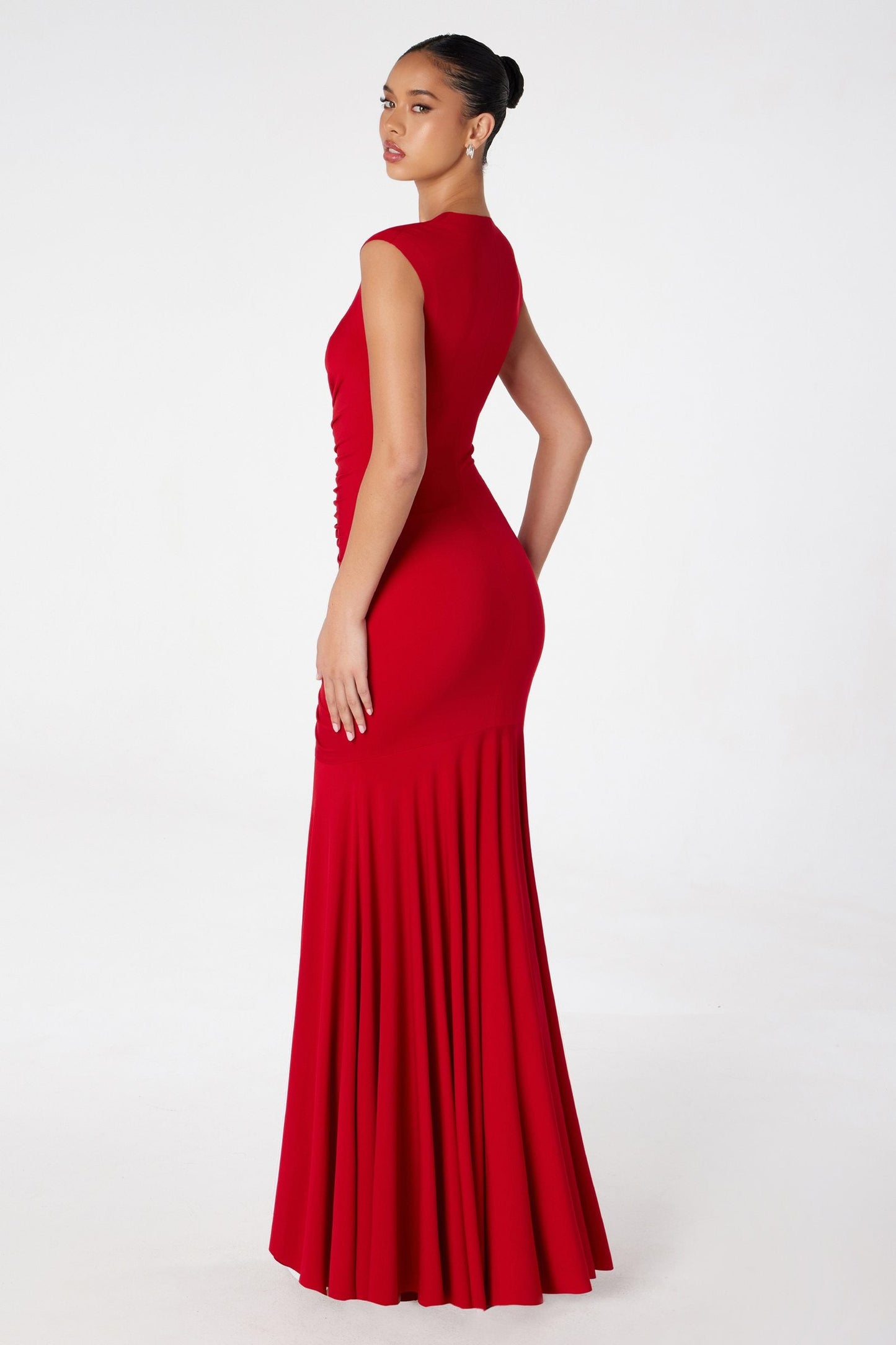 Astee Long V-Neckline Ruched Mermaid Gown