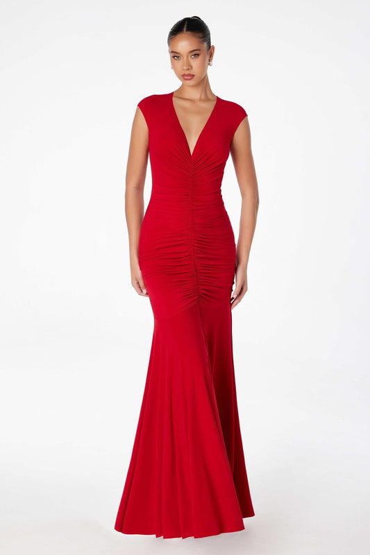Astee Long V-Neckline Ruched Mermaid Gown