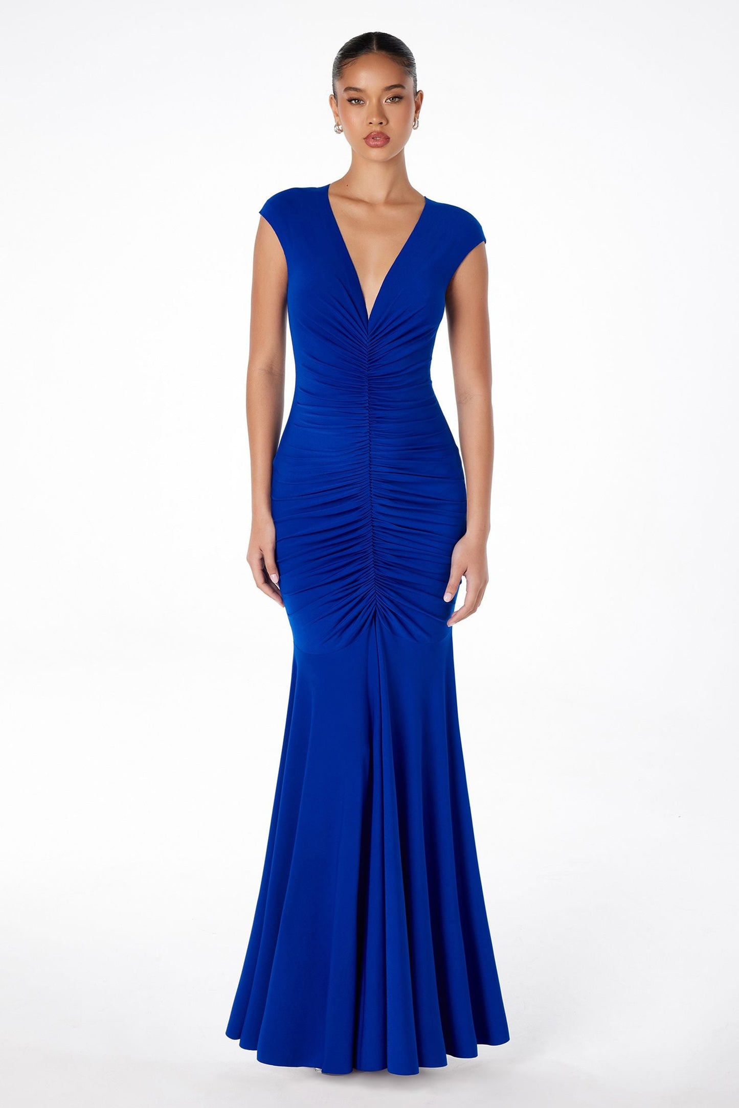 Astee Long V-Neckline Ruched Mermaid Gown