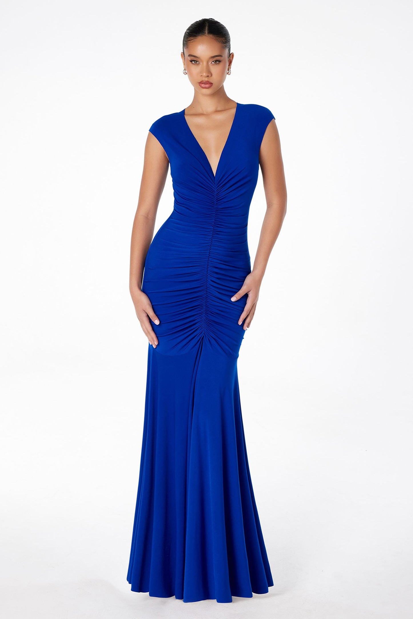 Astee Long V-Neckline Ruched Mermaid Gown