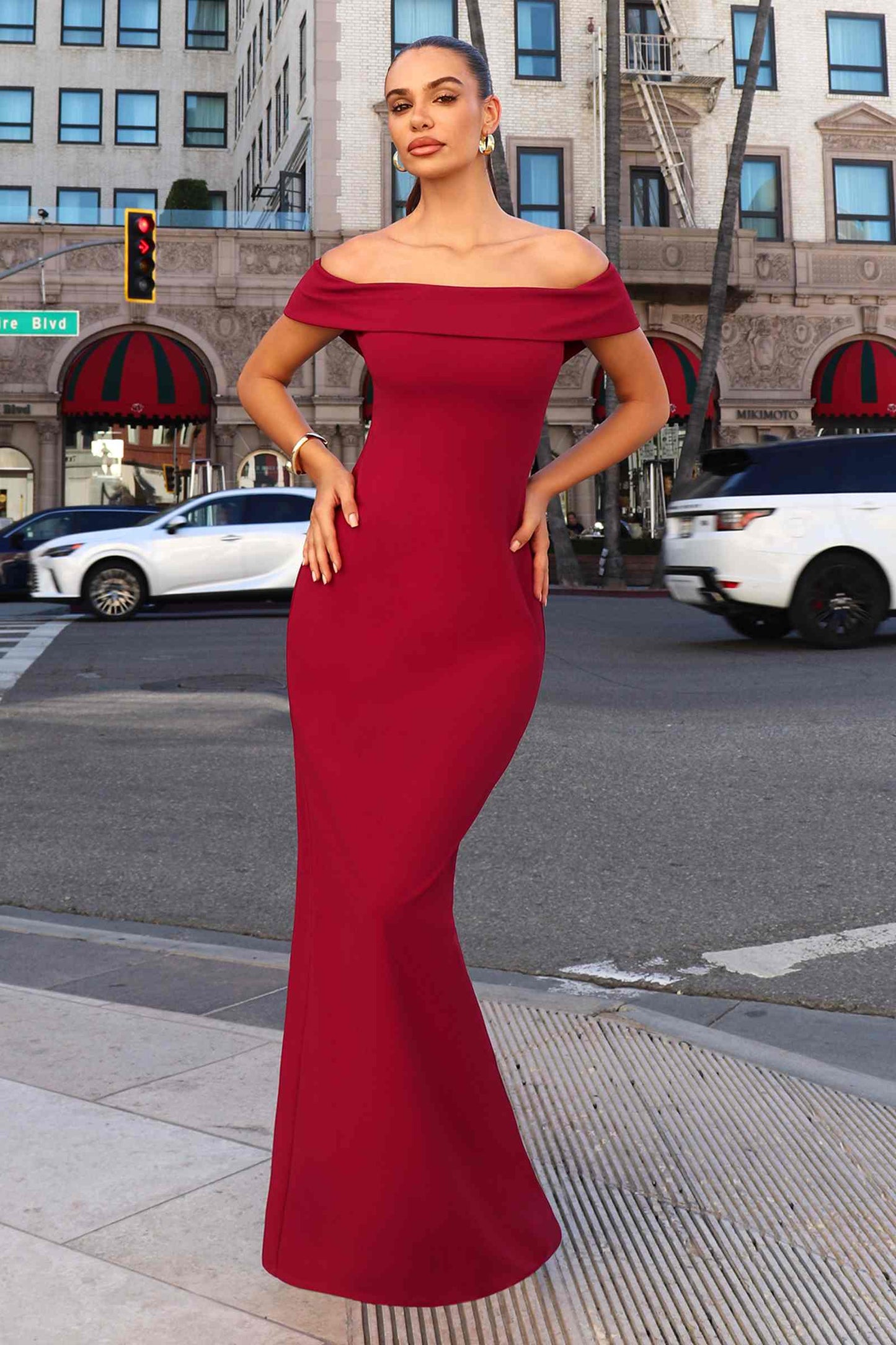 Astee Off the Shoulder Fitted Evening Gown Back Slit