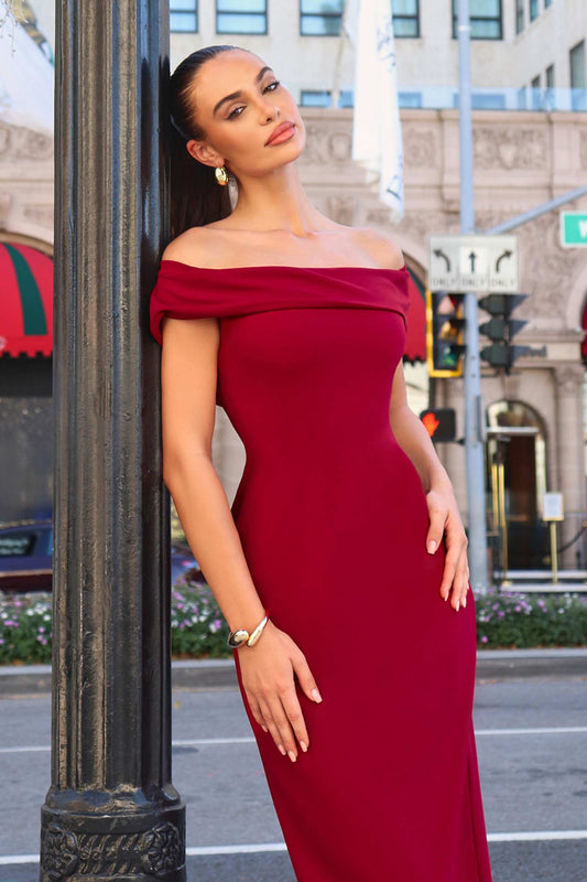 Astee Off the Shoulder Fitted Evening Gown Back Slit