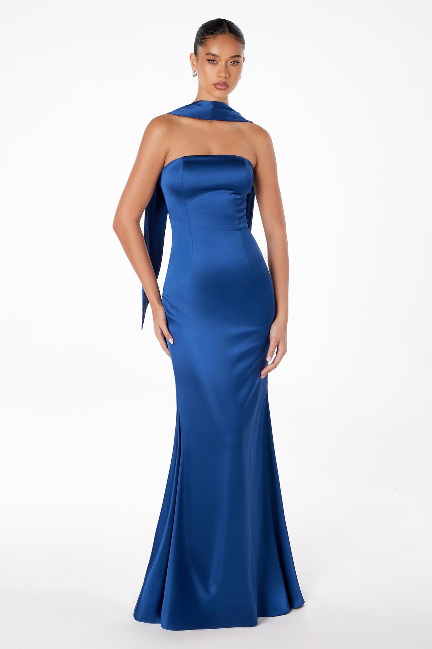 Astee Strapless Fitted Mermaid Gown with Scarf