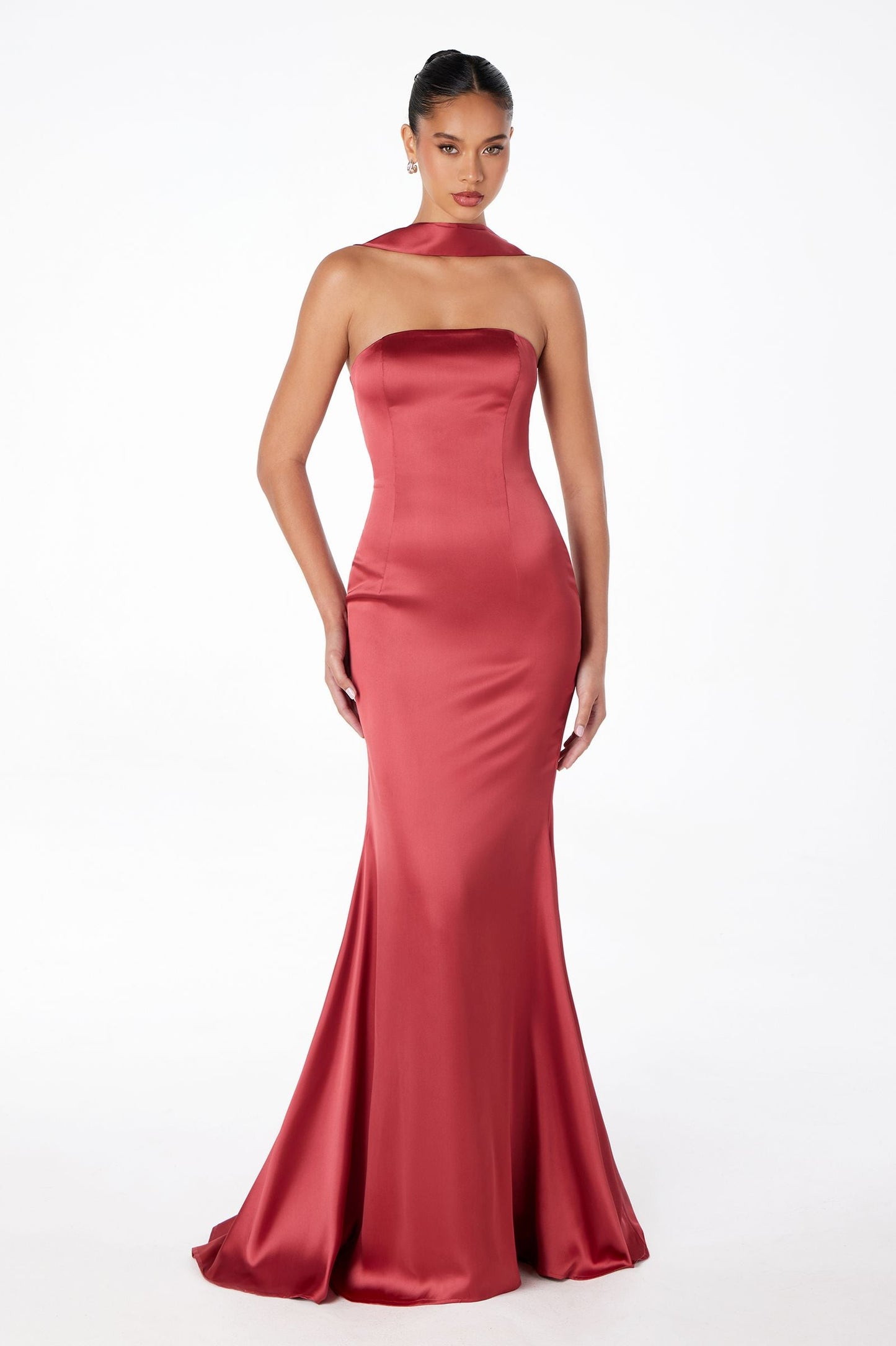 Astee Strapless Fitted Mermaid Gown with Scarf