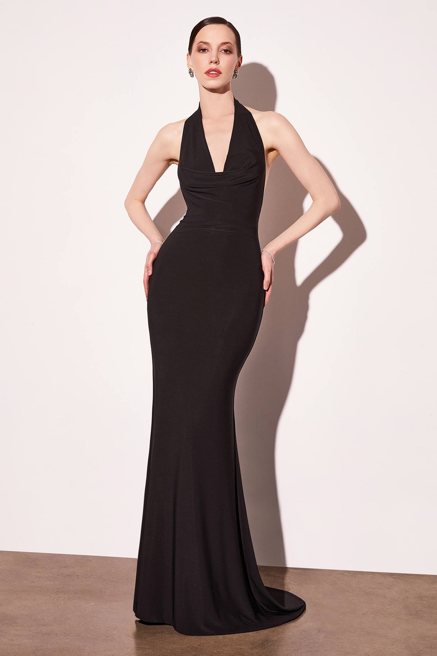 Astee Long Halter V-Neckline Fitted Open Back Evening Gown