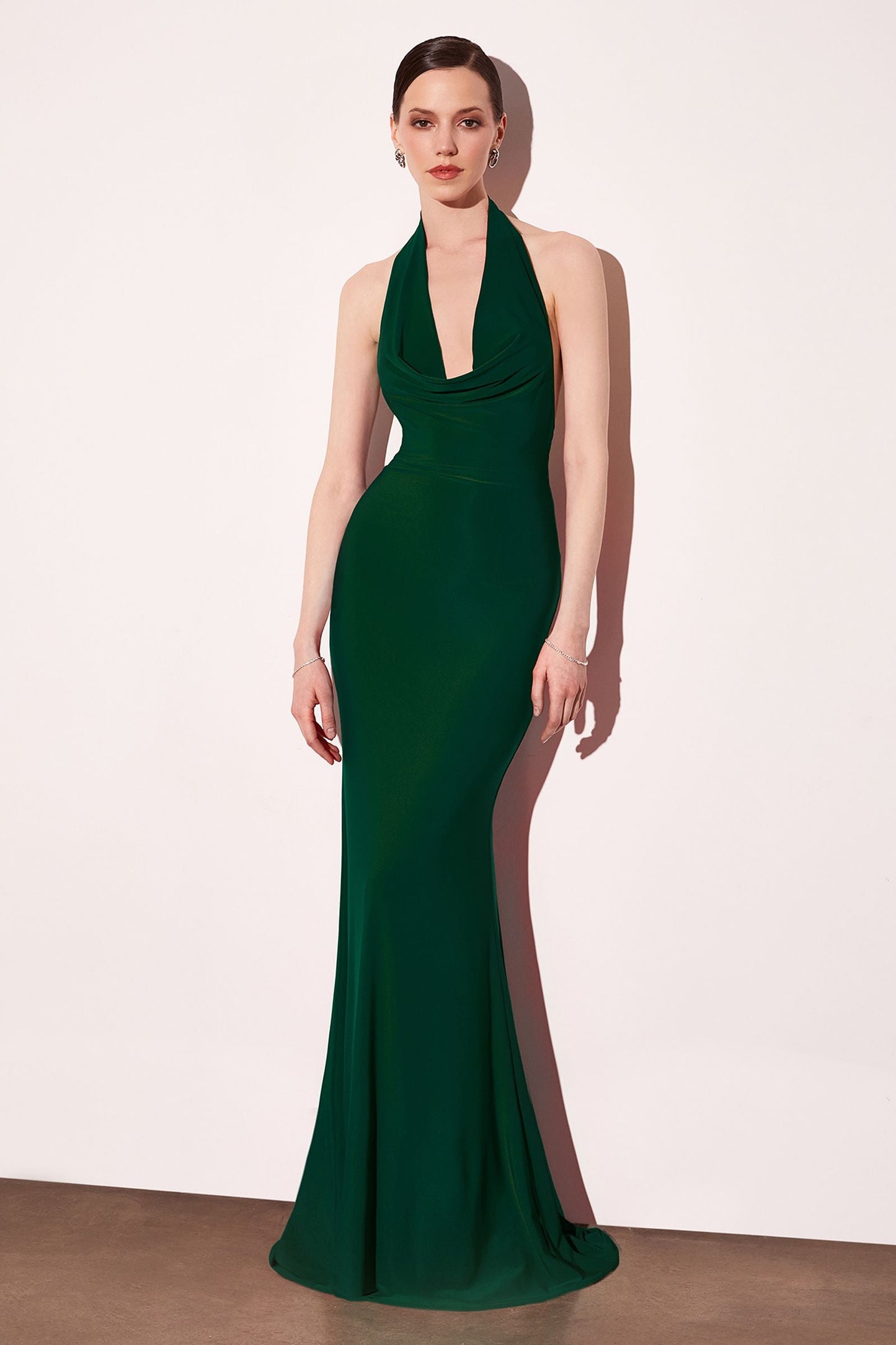 Astee Long Halter V-Neckline Fitted Open Back Evening Gown