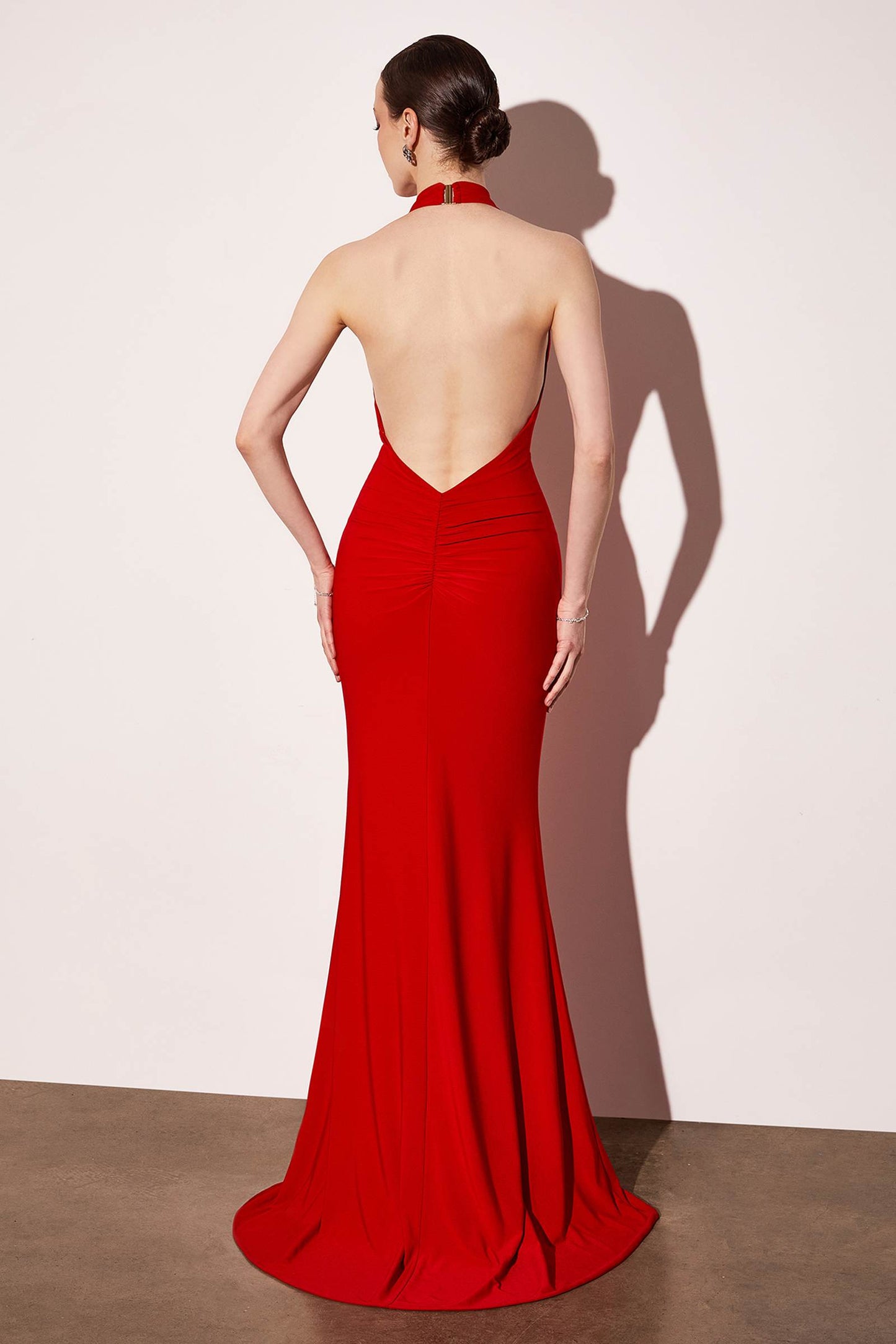 Astee Long Halter V-Neckline Fitted Open Back Evening Gown