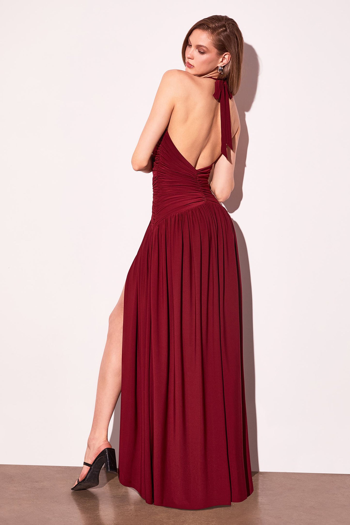 Astee Halter Top V-Neckline Evening Gown with Leg Slit