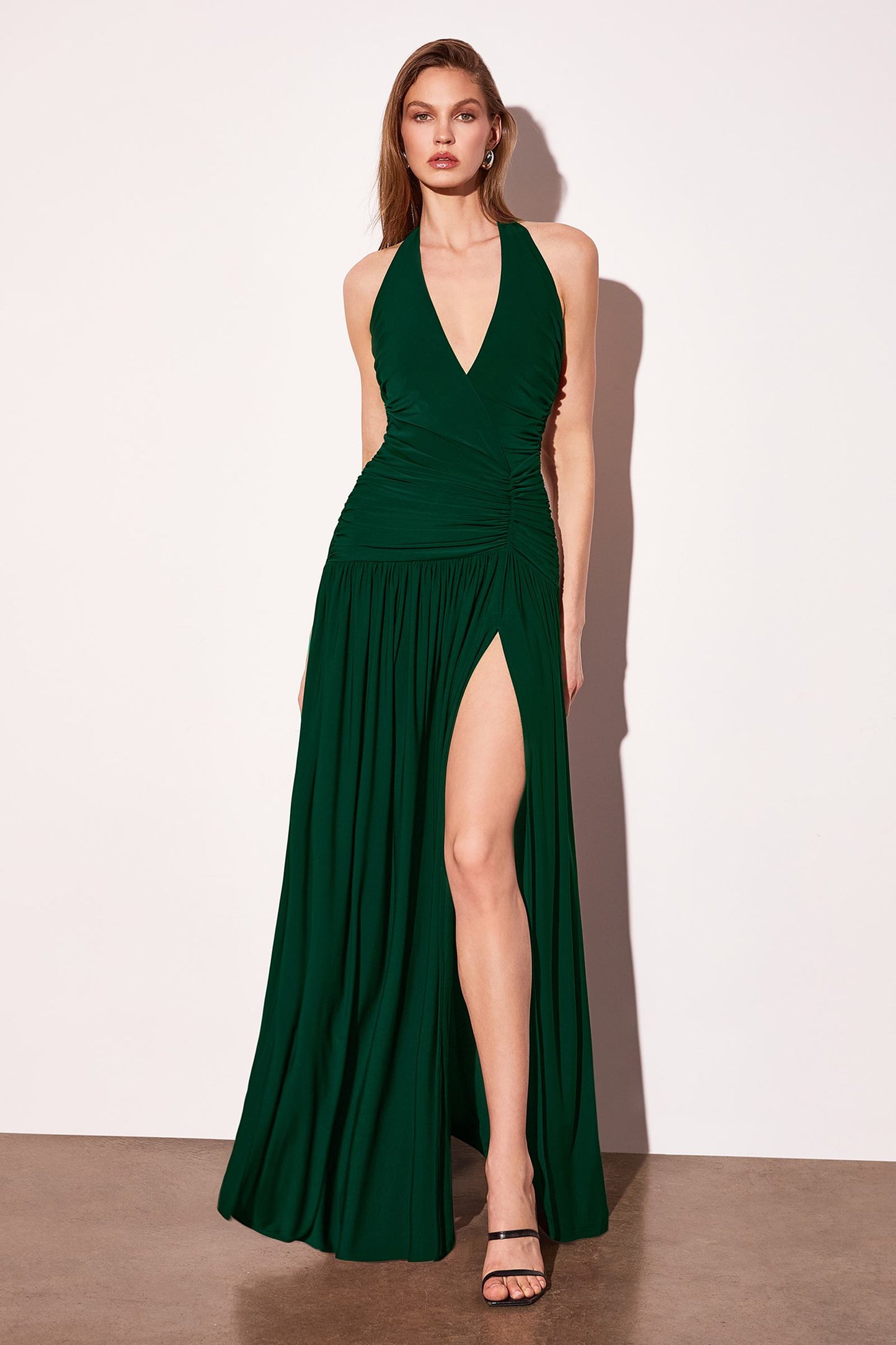 Astee Halter Top V-Neckline Evening Gown with Leg Slit