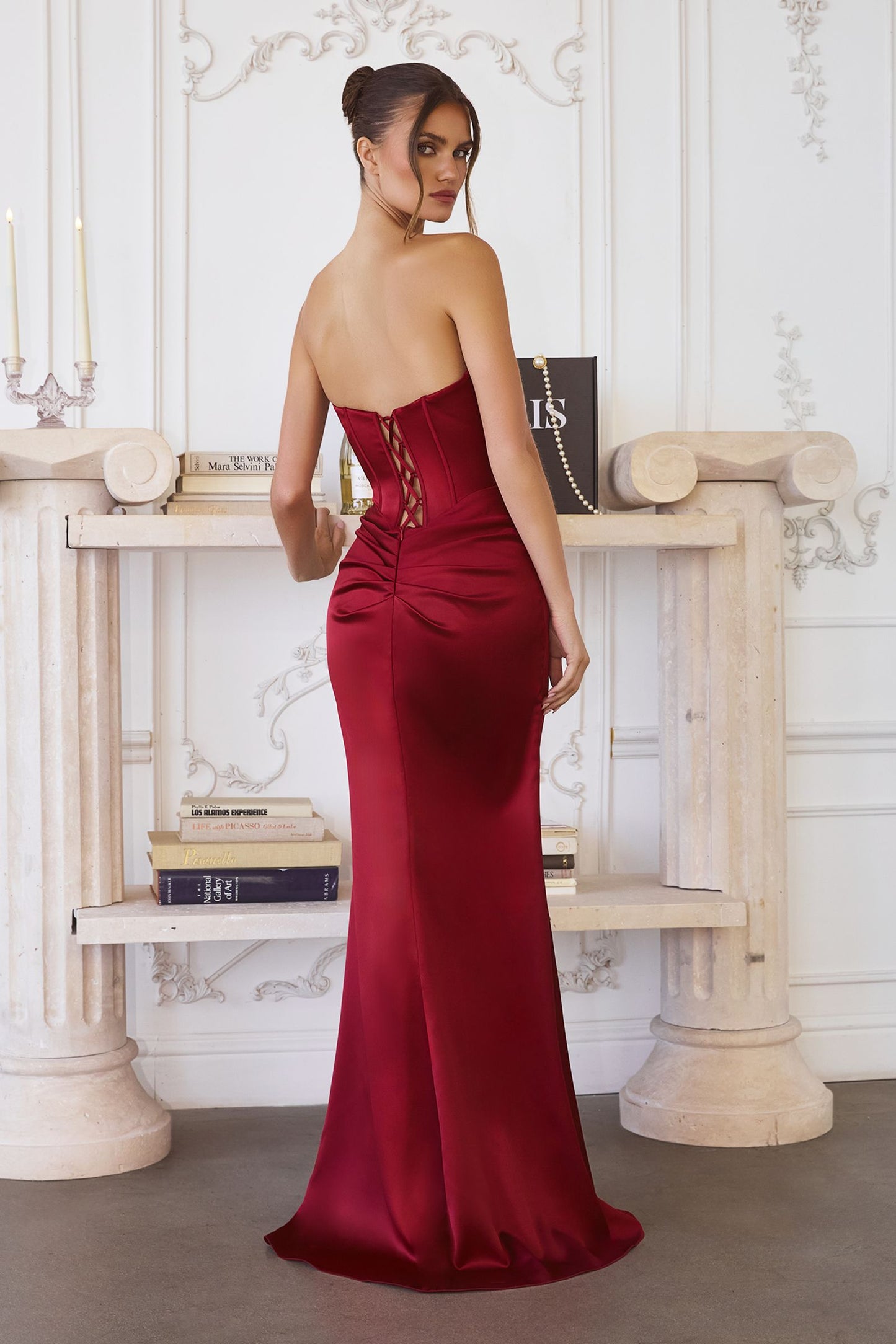 Amoris Strapless Satin Gown Boned Bodice Fitted Skirt Lace-Up Back