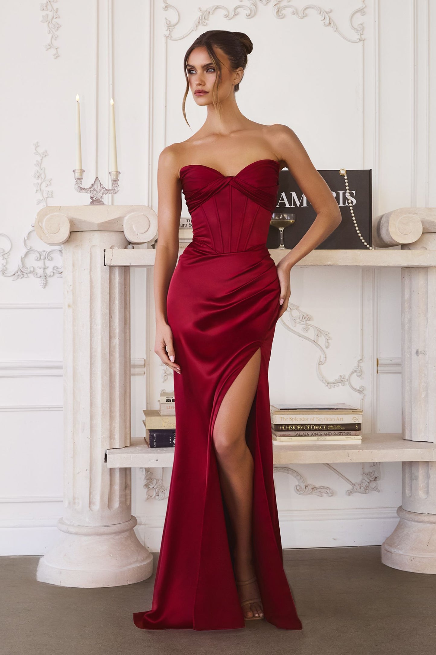 Amoris Strapless Satin Gown Boned Bodice Fitted Skirt Lace-Up Back
