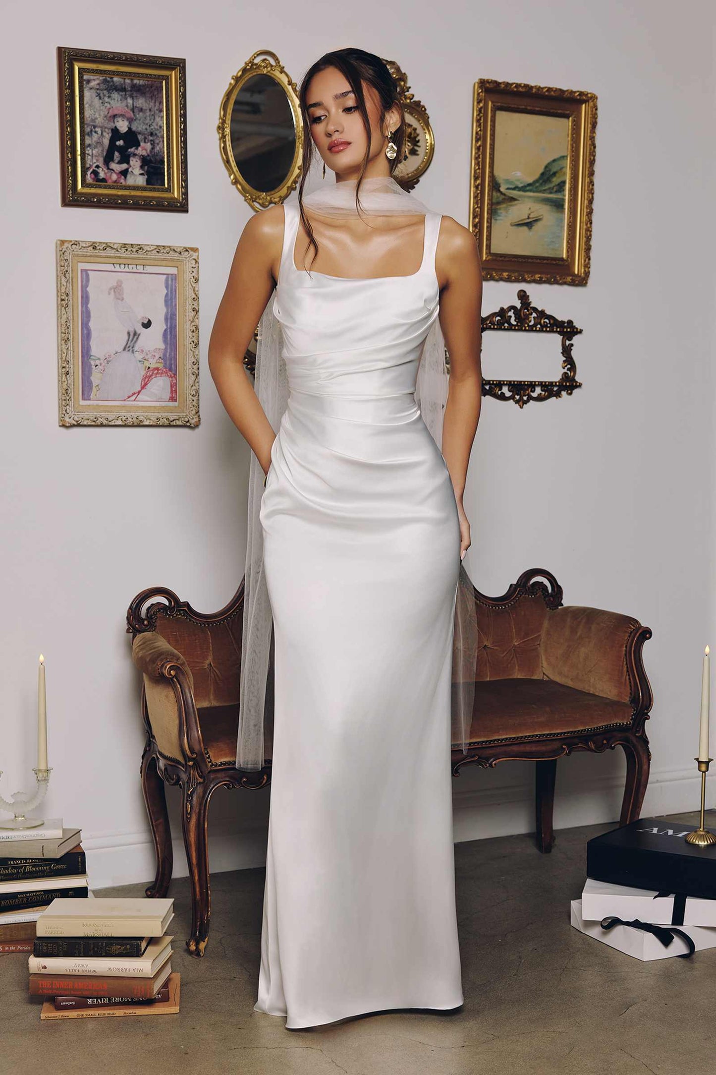 Amoris Sleek Satin Adjustable Straps Fitted Off White Gown