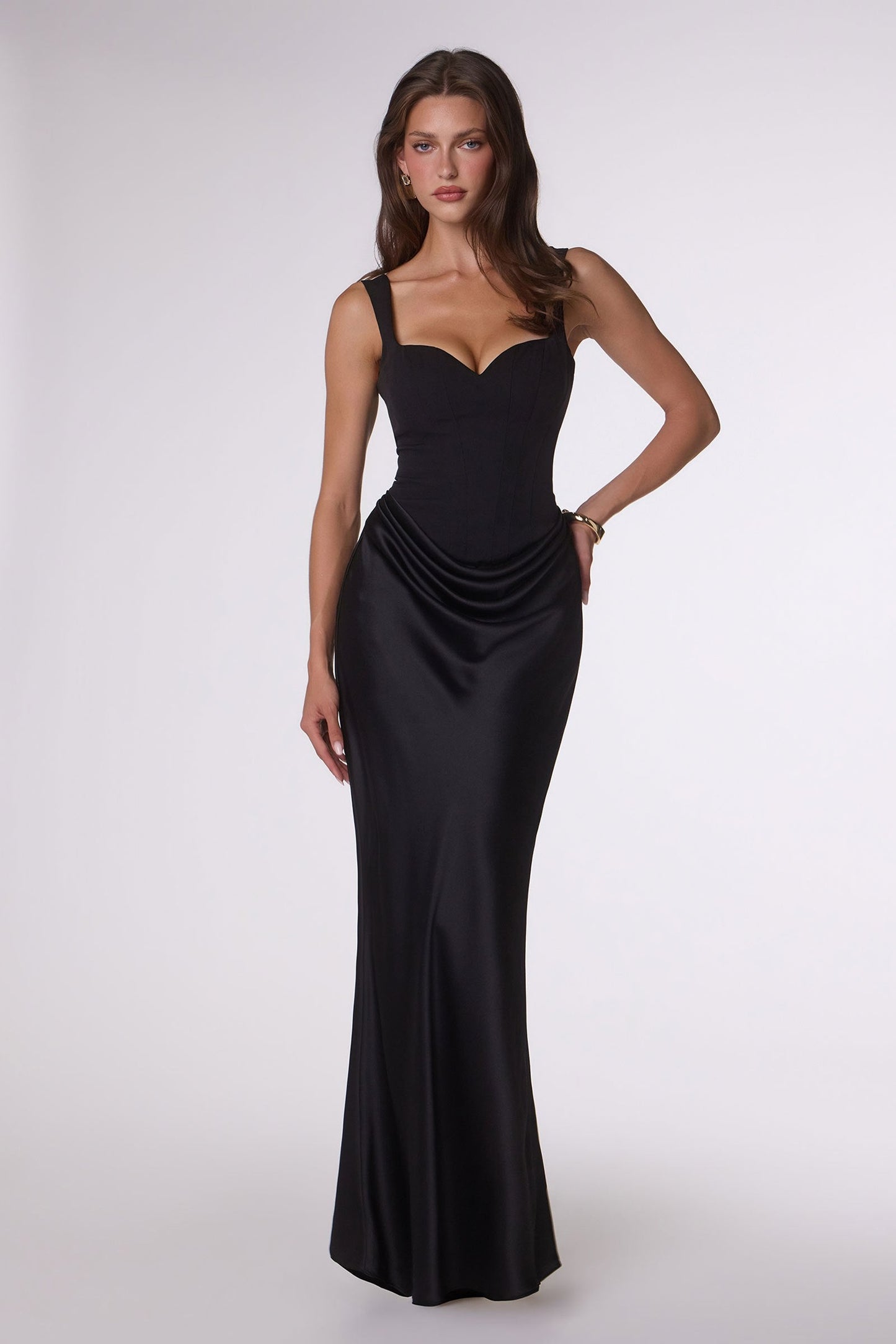 Amoris Timeless Fitted Satin Formal Gown Crepe Bodice