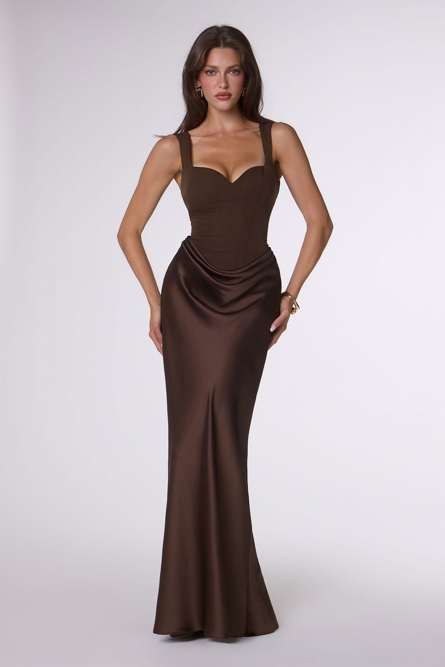 Amoris Timeless Fitted Satin Formal Gown Crepe Bodice