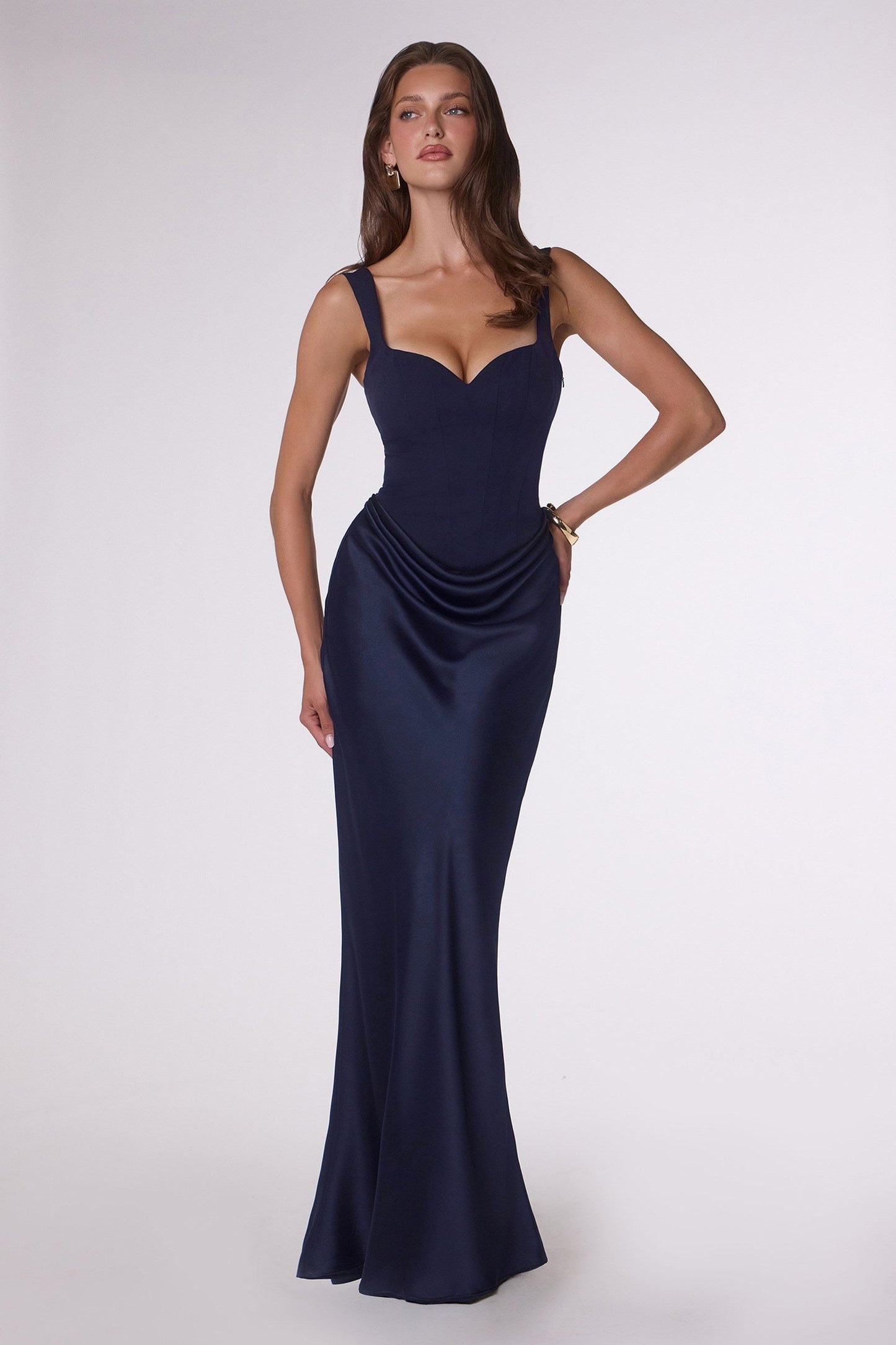 Amoris Timeless Fitted Satin Formal Gown Crepe Bodice