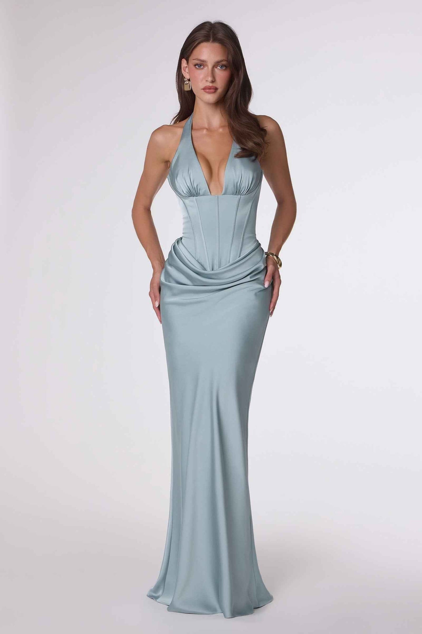 Amoris Fitted Floor Length Satin Gown Plunging Neckline