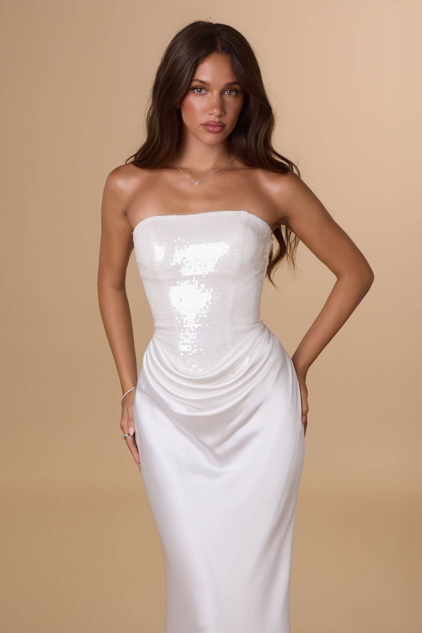 Amoris Strapless Sequin Bodice Satin Skirt Off White Formal Dress