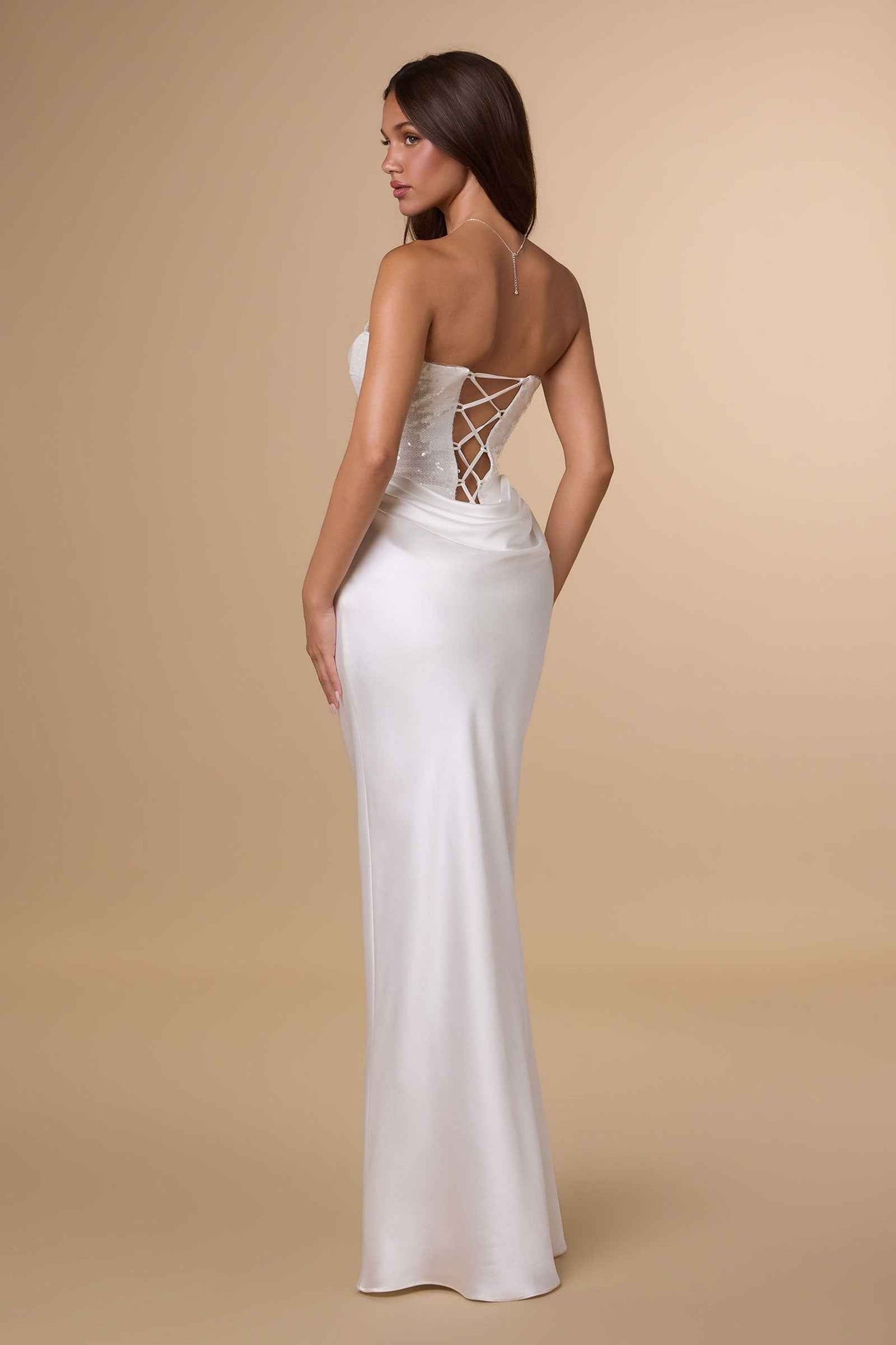 Amoris Strapless Sequin Bodice Satin Skirt Off White Formal Dress