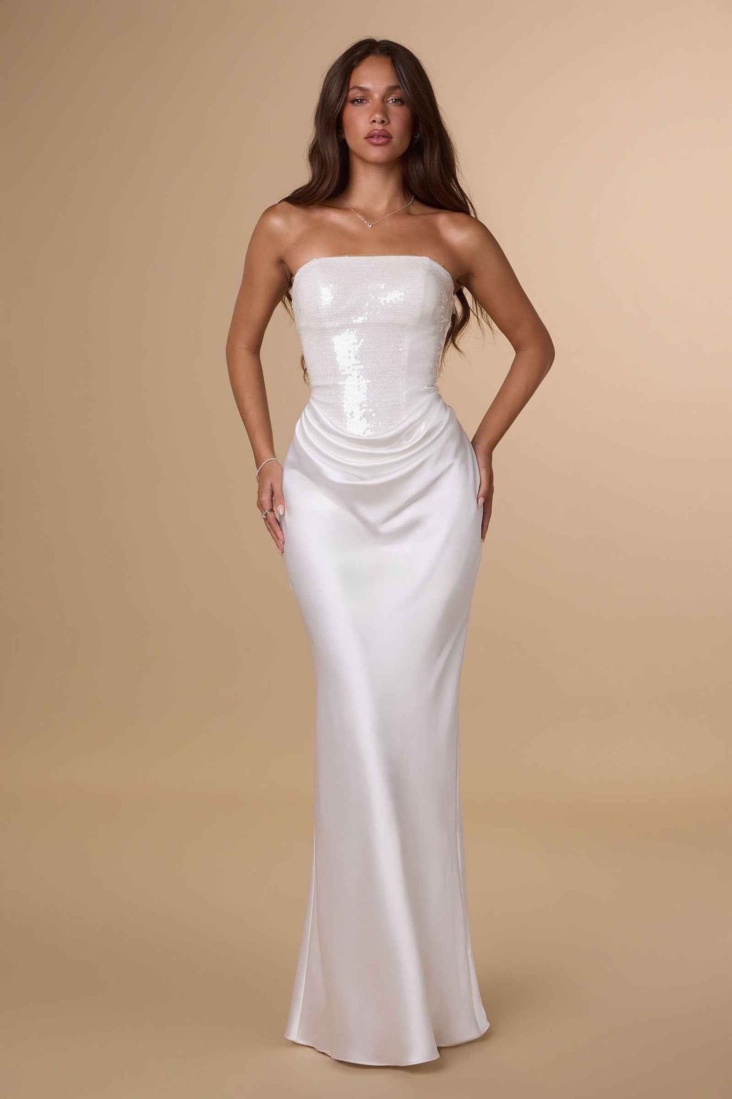 Amoris Strapless Sequin Bodice Satin Skirt Off White Formal Dress