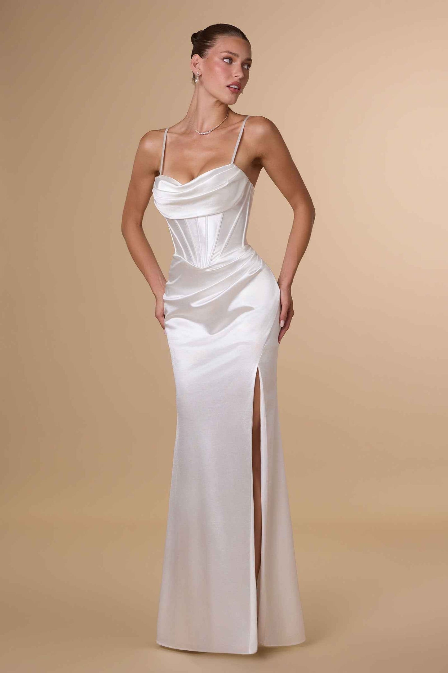 Amoris Fitted Sultry Stretch Satin Bustier Bodice Off White Dress