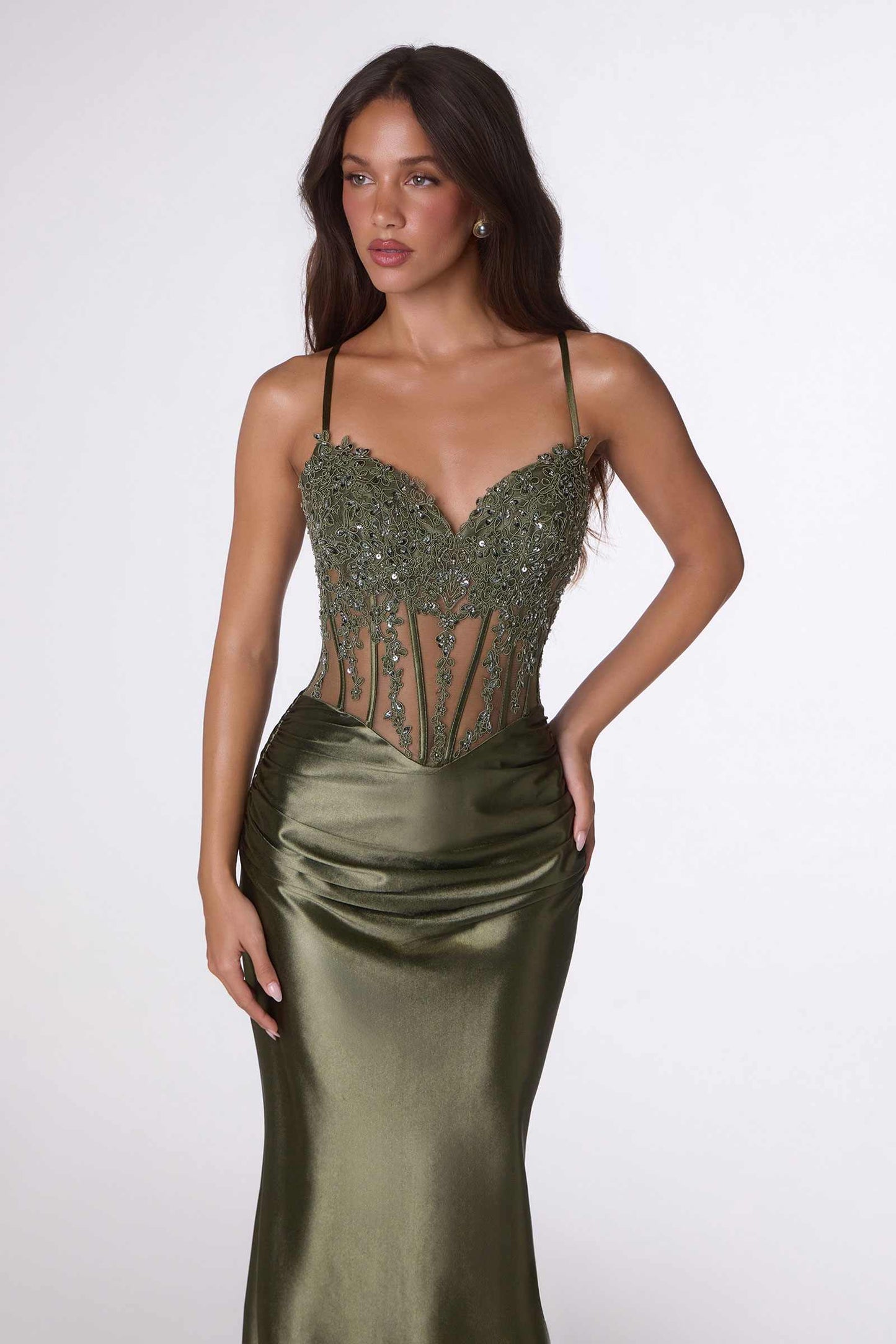 Amoris Sleek Fitted Stretch Satin Sheer Corset Mermaid Gown