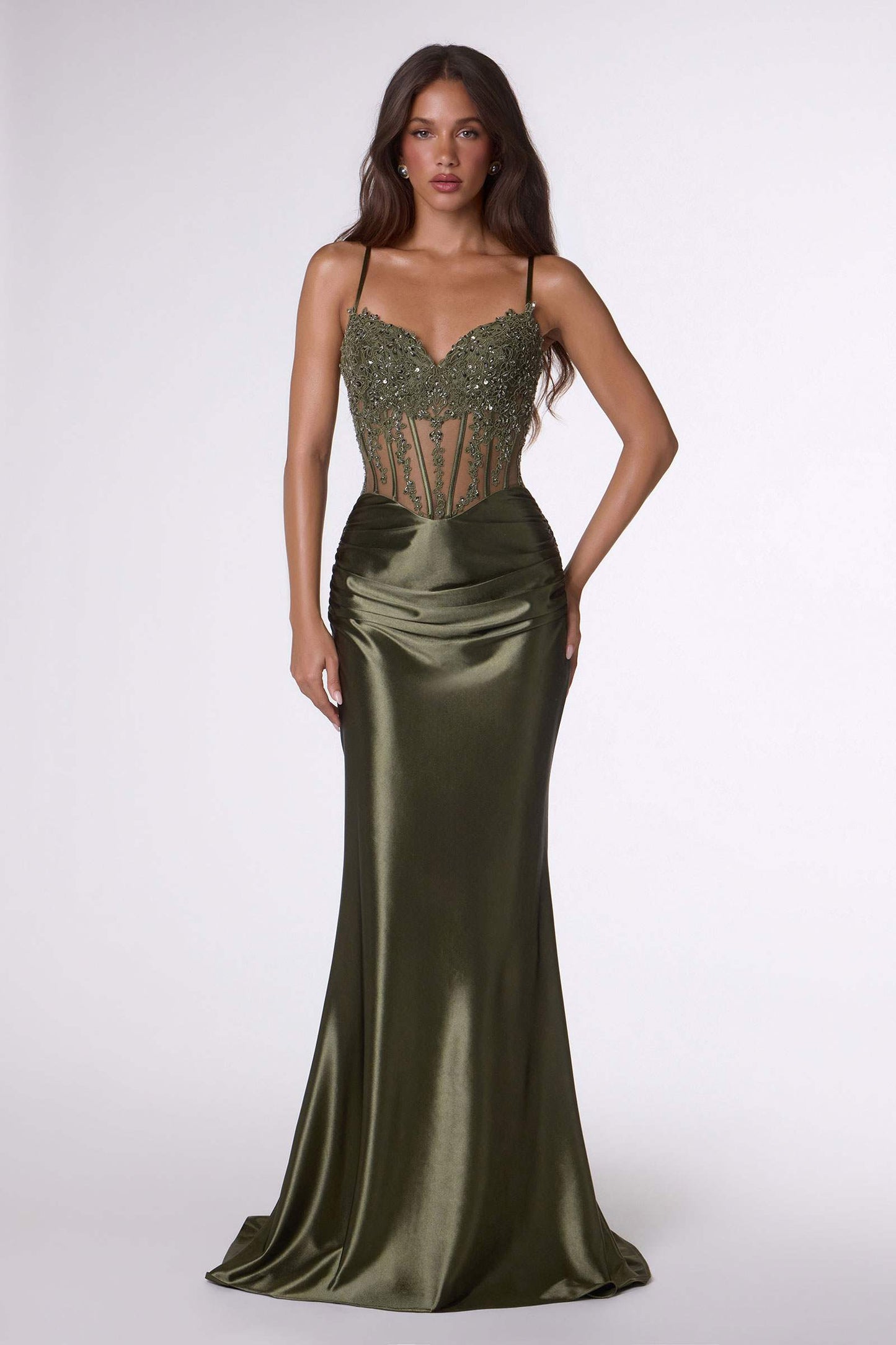 Amoris Sleek Fitted Stretch Satin Sheer Corset Mermaid Gown