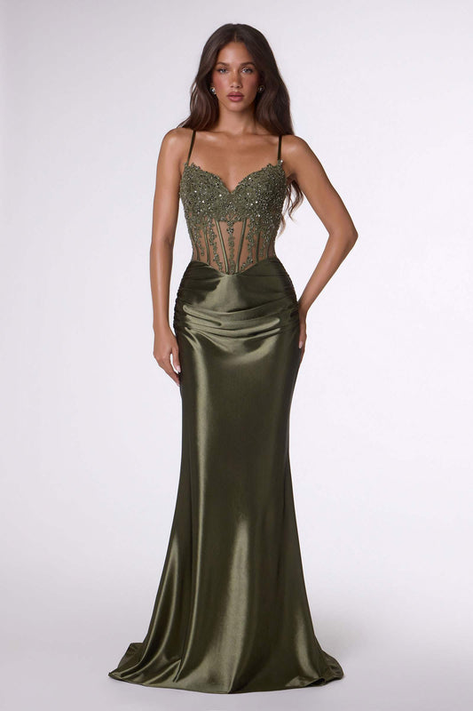 Amoris Sleek Fitted Stretch Satin Sheer Corset Mermaid Gown