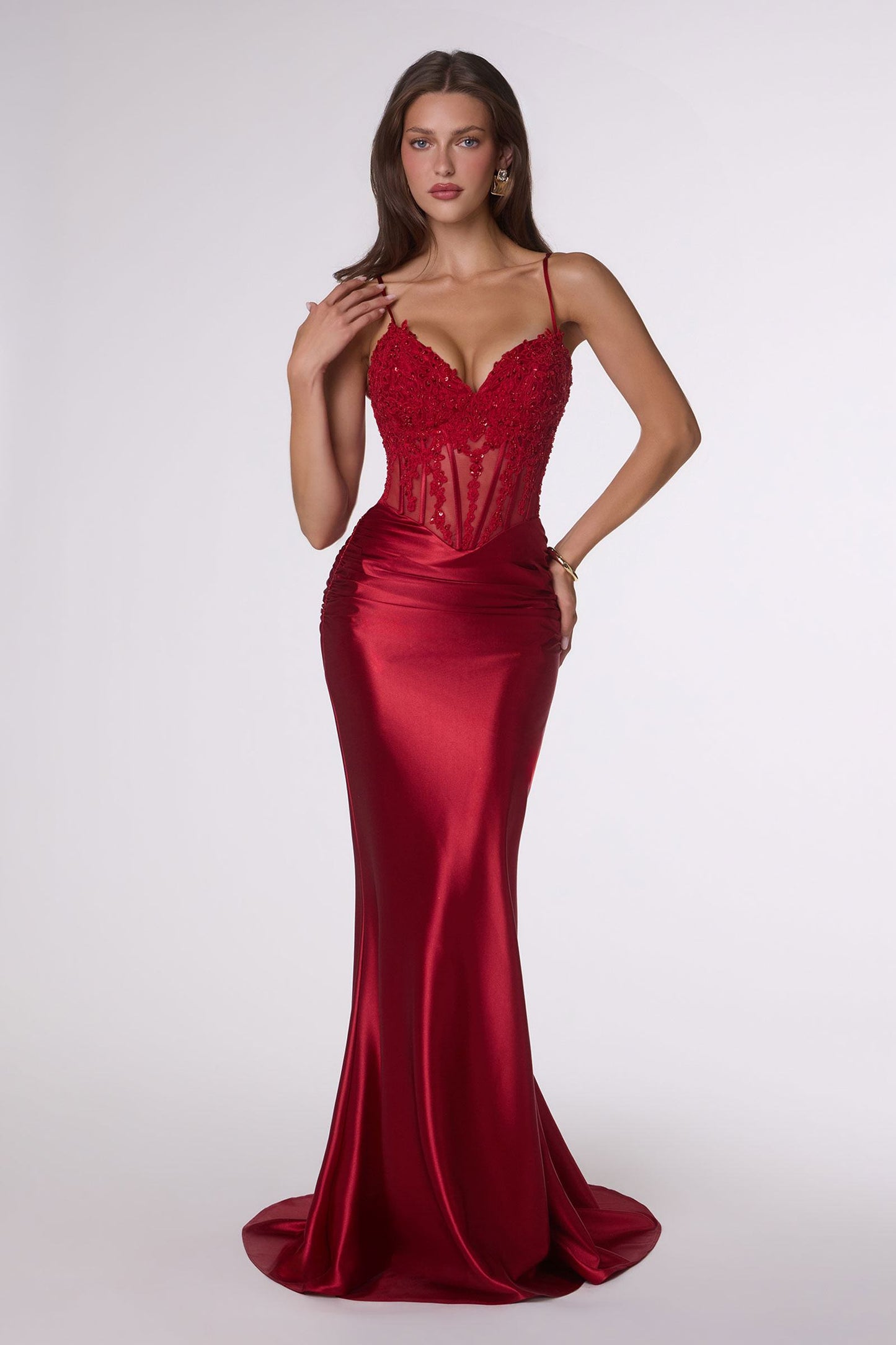 Amoris Sleek Fitted Stretch Satin Sheer Corset Mermaid Gown