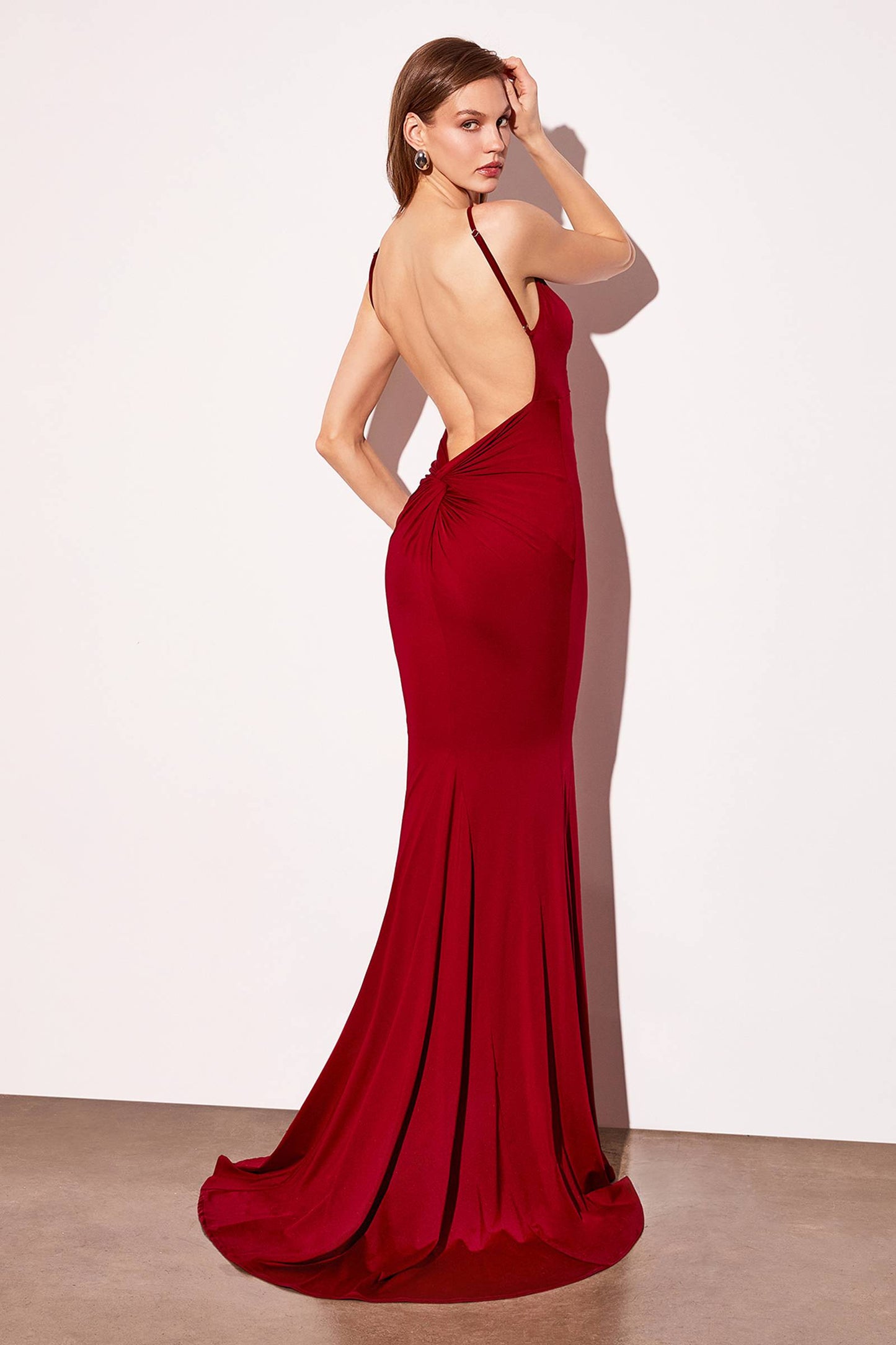 Astee Long V-Neckline Open Back Fitted Evening Gown