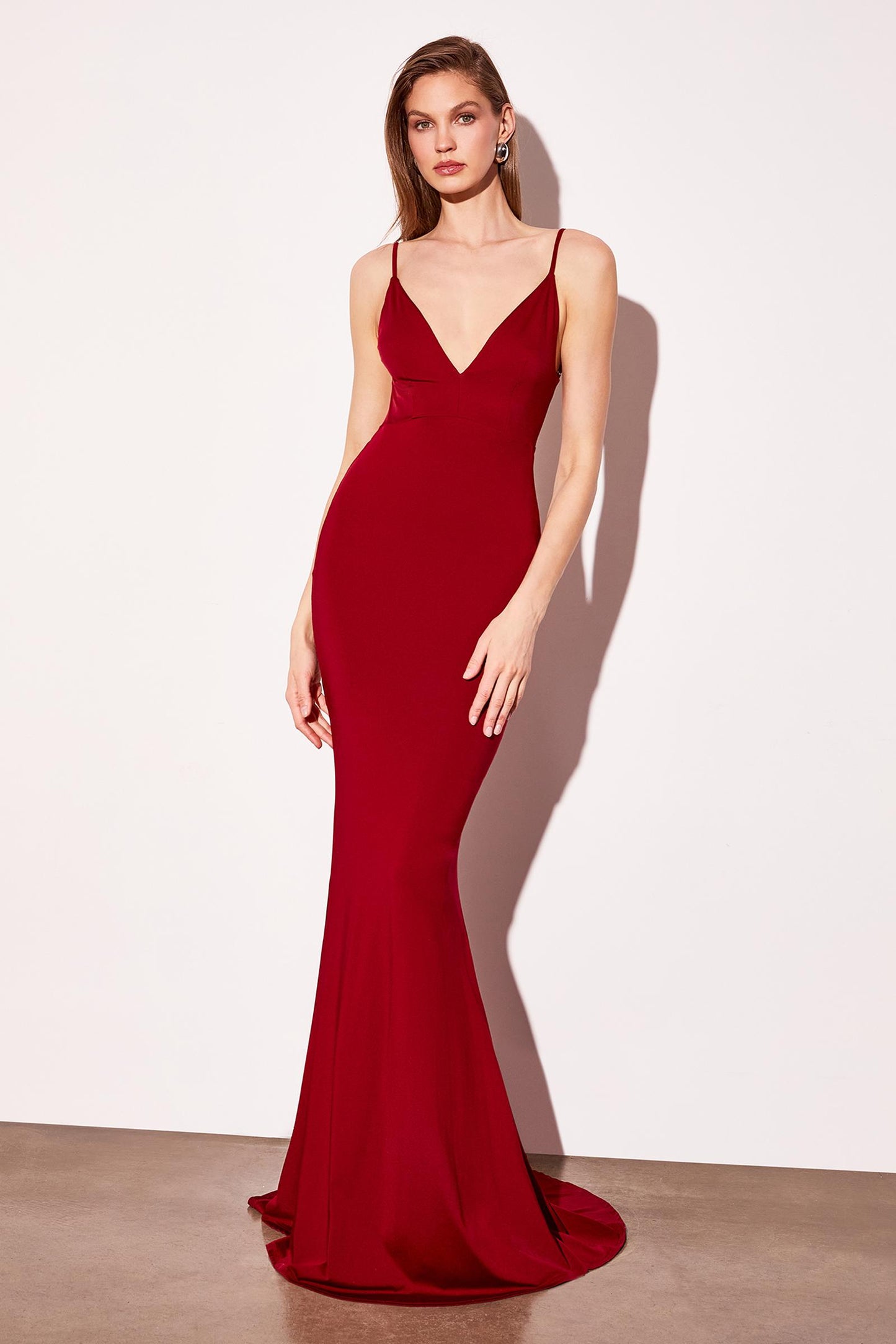 Astee Long V-Neckline Open Back Fitted Evening Gown