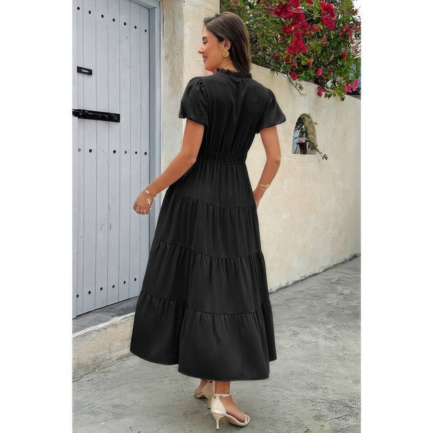 Solid V Neck Color Block Elastic Waist Dress