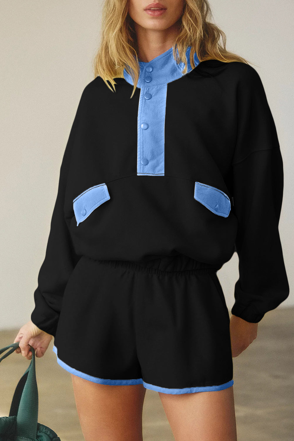 Colorblock Patchwork Half Button Pullover and Shorts Set